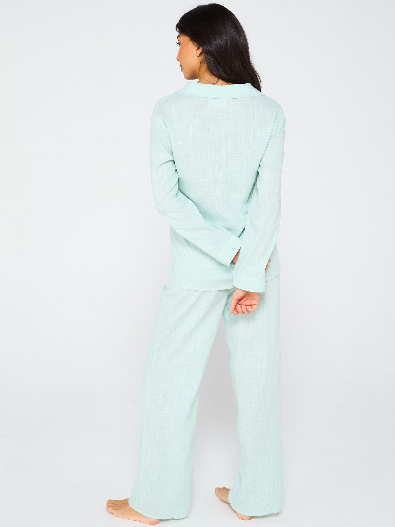  image of v-by-very-woven-patch-work-shirt-and-wide-leg-bottom-pj-set