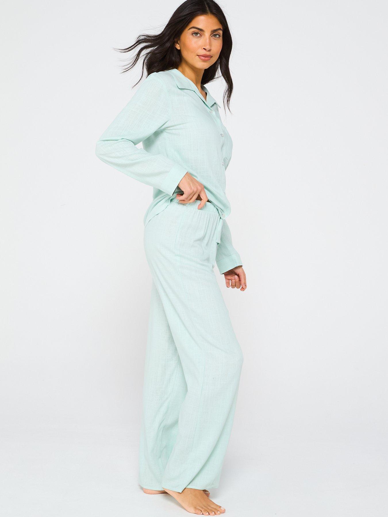  image of v-by-very-woven-patch-work-shirt-and-wide-leg-bottom-pj-set