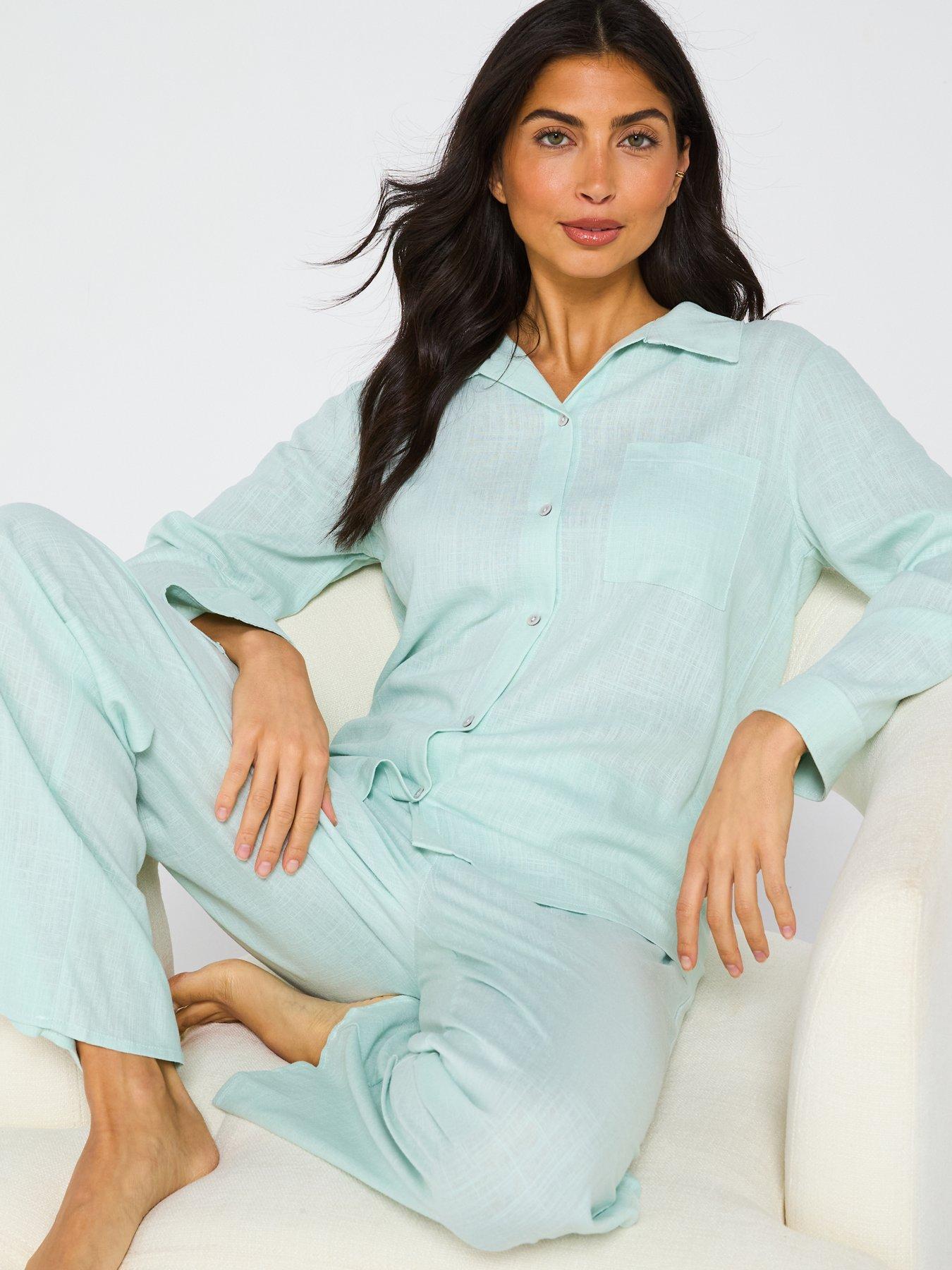  image of v-by-very-woven-patch-work-shirt-and-wide-leg-bottom-pj-set