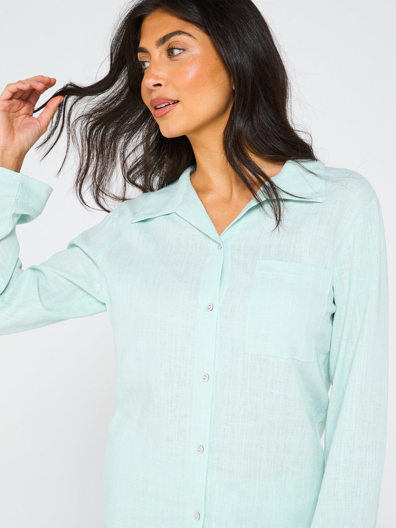  image of v-by-very-woven-patch-work-shirt-and-wide-leg-bottom-pj-set