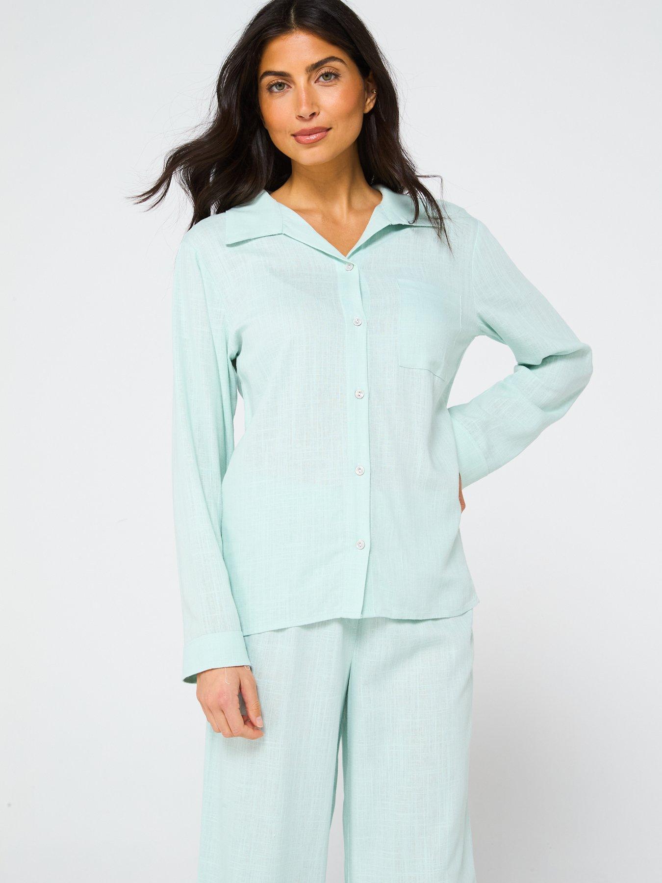  image of v-by-very-woven-patch-work-shirt-and-wide-leg-bottom-pj-set