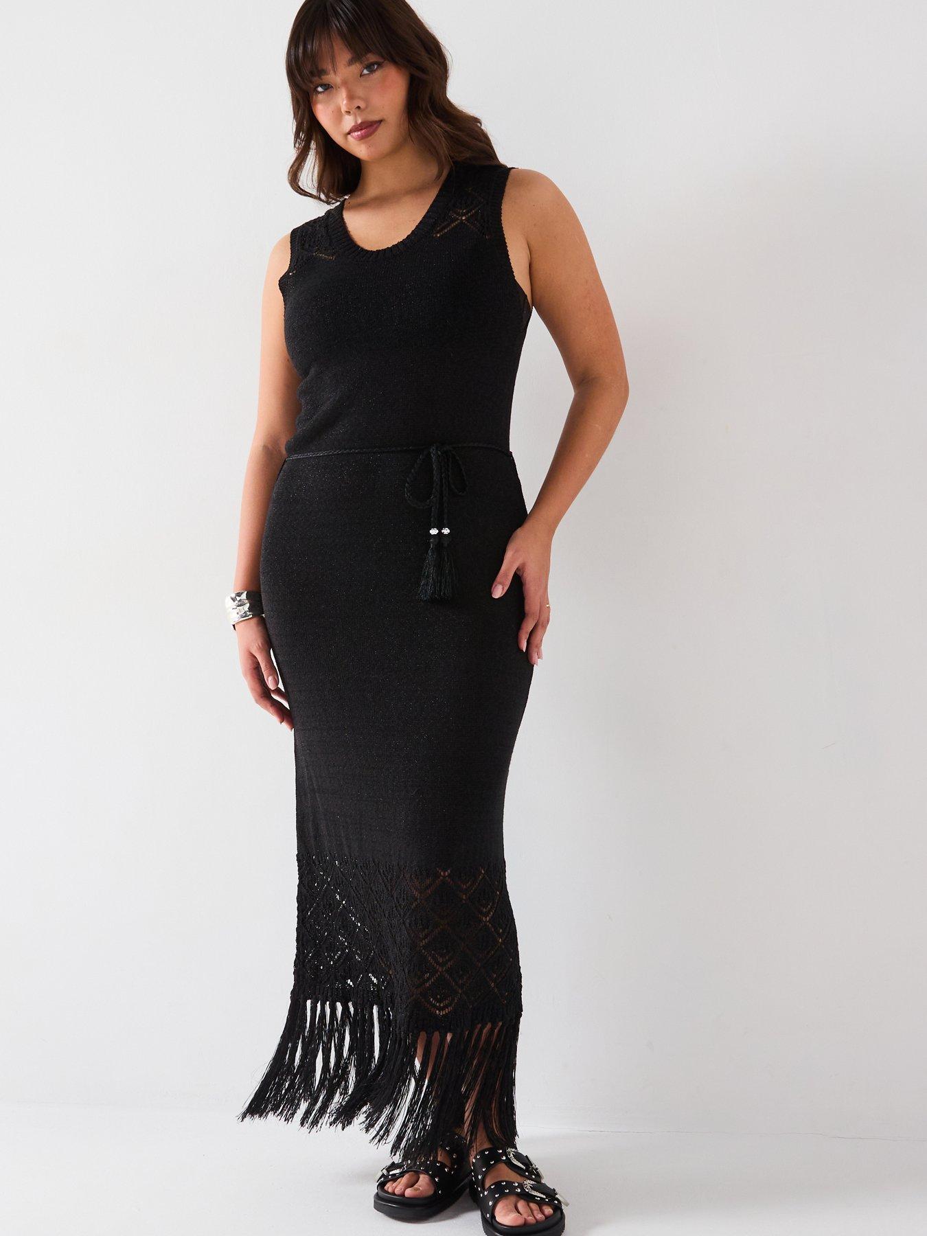 V by Very Curve Fringed Knitted Dress - Black
