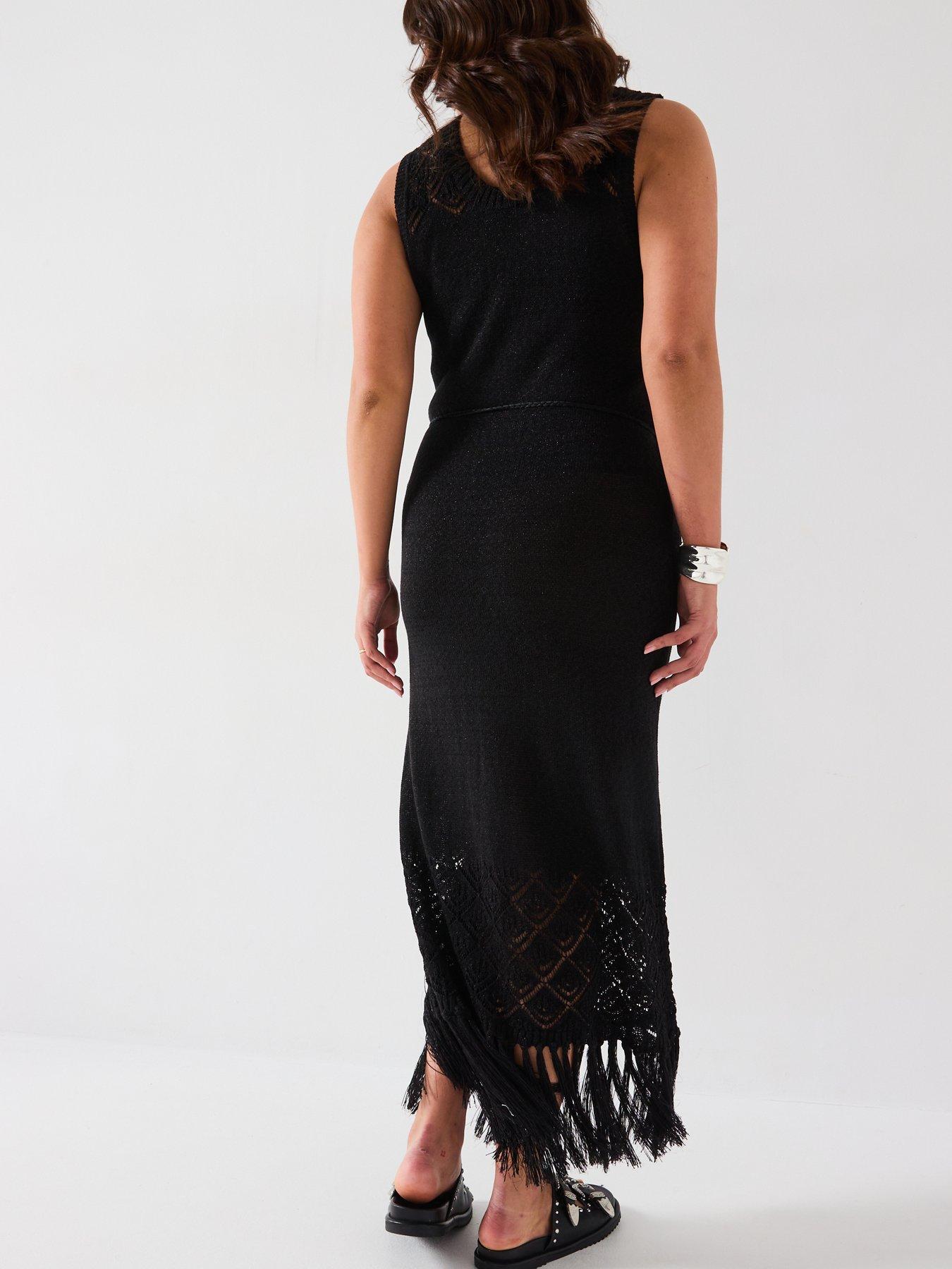  image of v-by-very-curve-fringed-knitted-dress-black