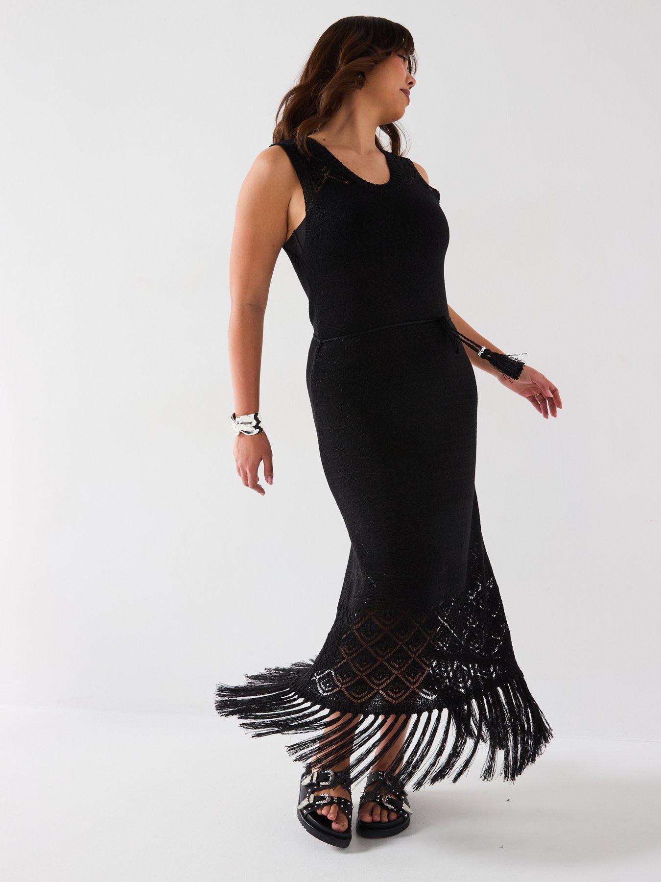  image of v-by-very-curve-fringed-knitted-dress-black