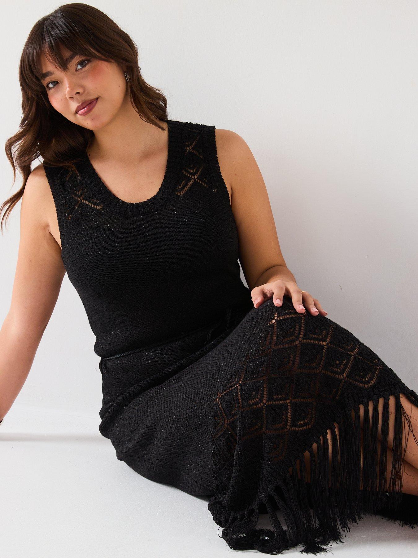  image of v-by-very-curve-fringed-knitted-dress-black