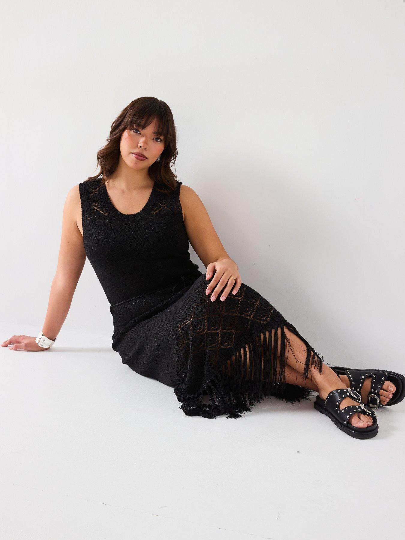  image of v-by-very-curve-fringed-knitted-dress-black