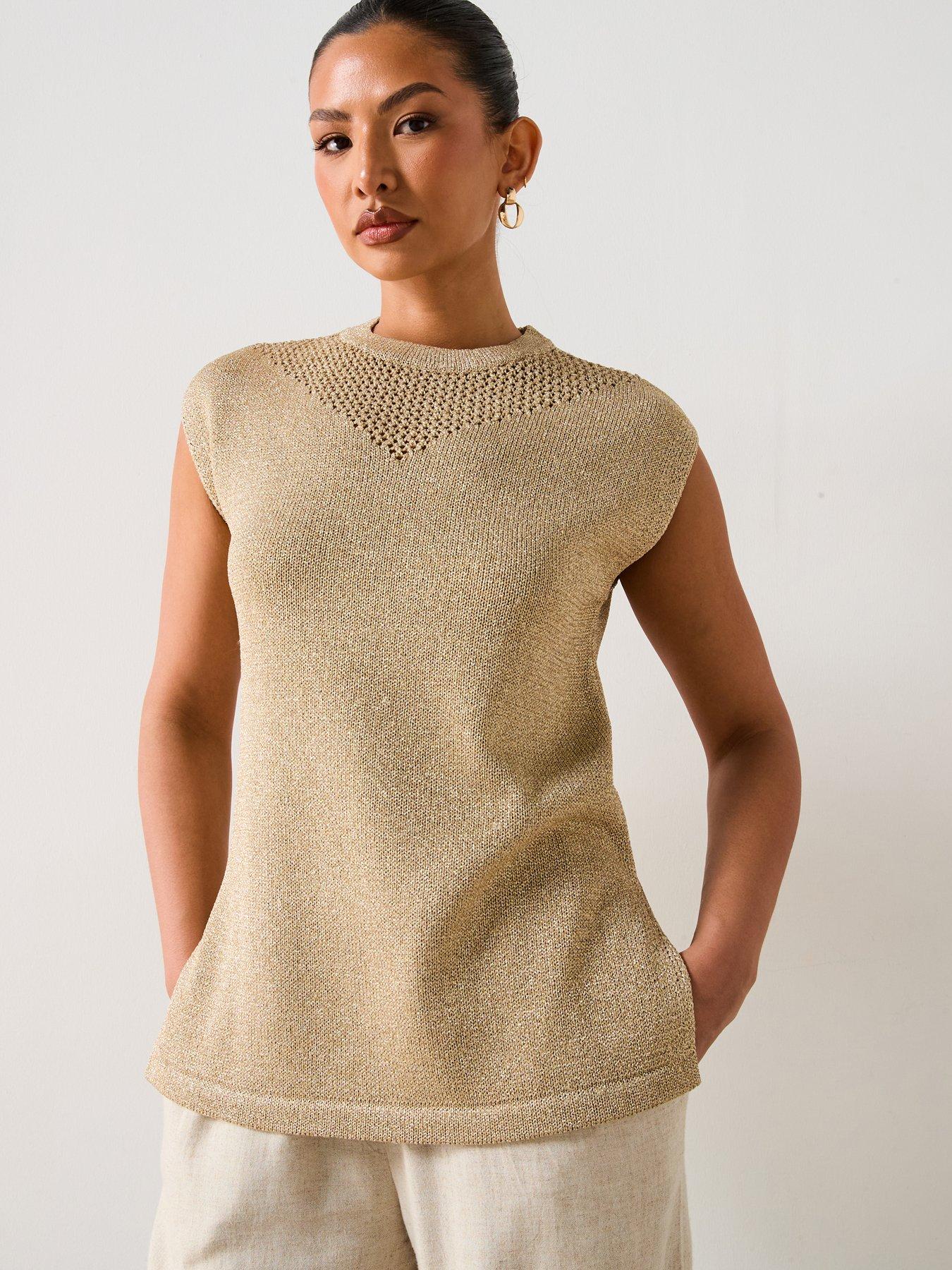 undefined Pointelle Knit Sleeveless Top - Metallic Gold