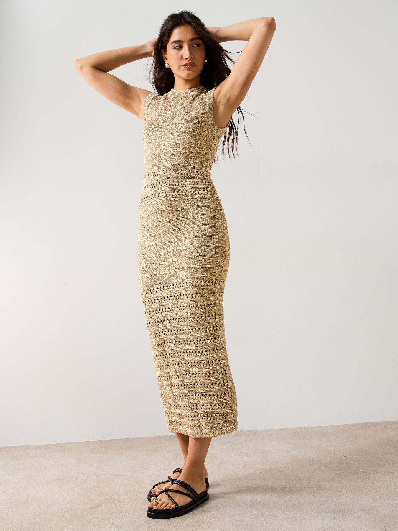 undefined Crew Neck Knitted Midaxi Dress - Metallic Gold