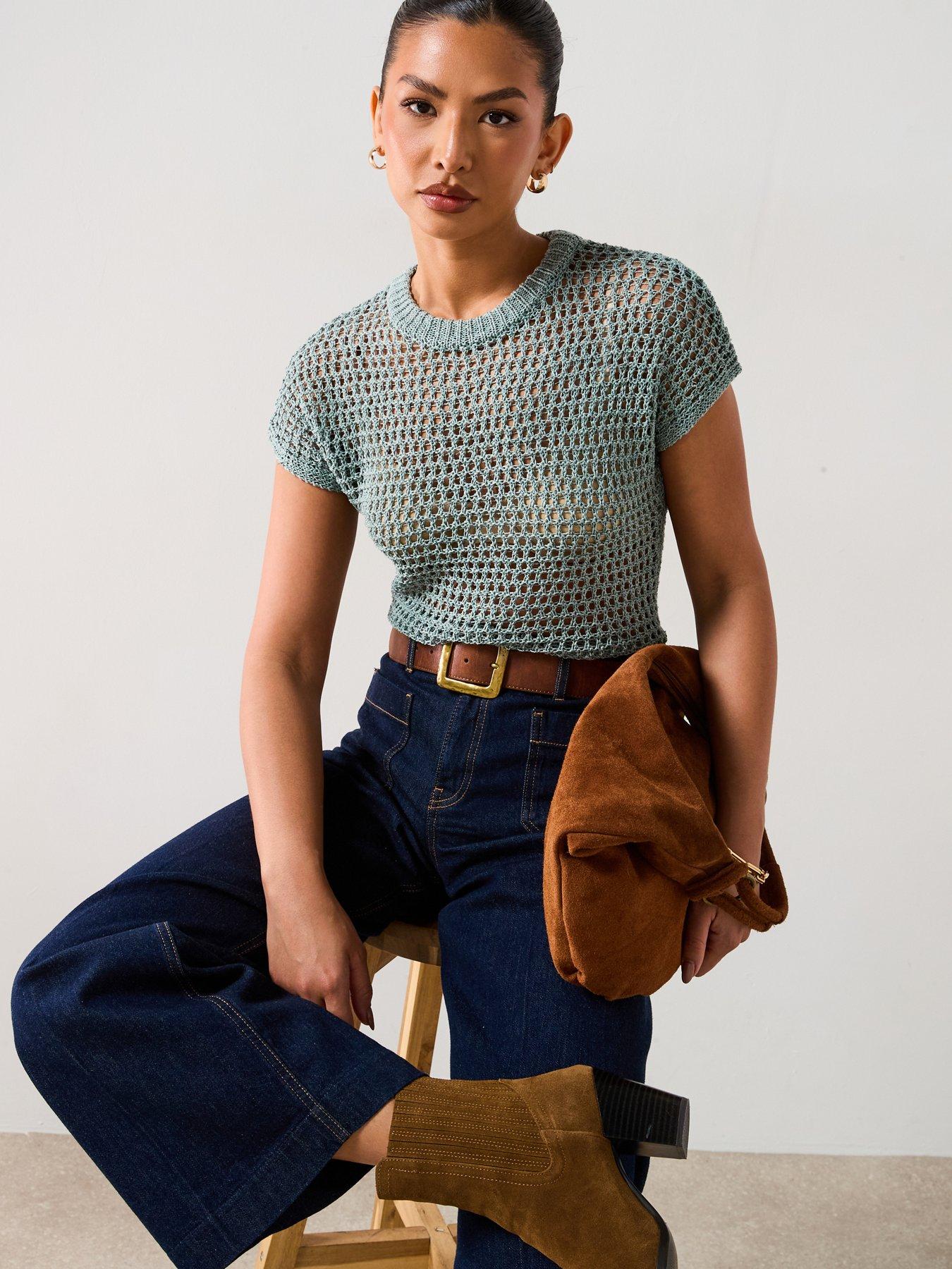 v-by-very-short-sleeve-crochet-t-shirt-green