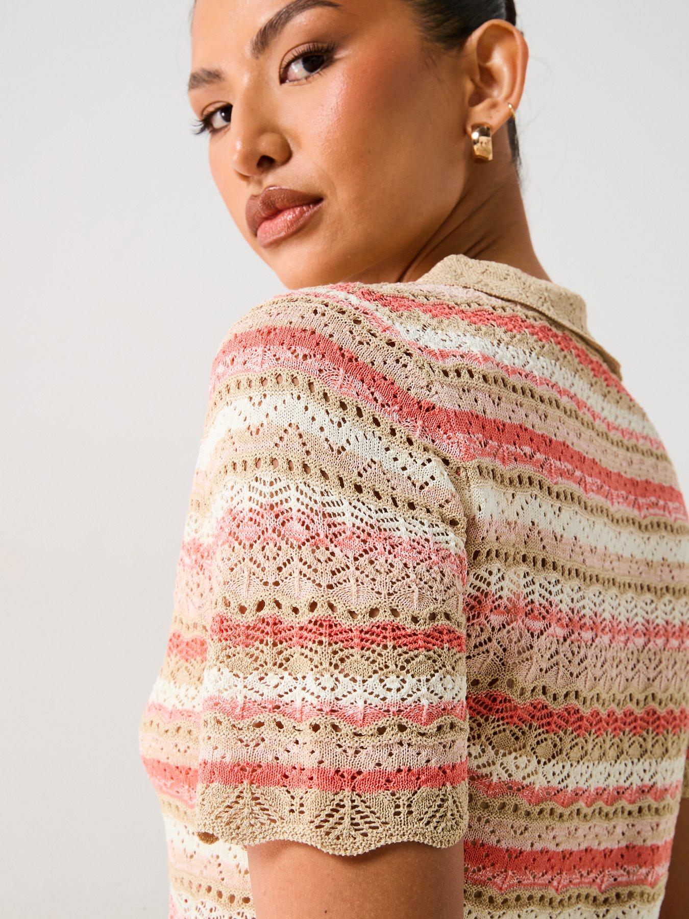  image of v-by-very-collared-pointelle-short-knitted-shirt-multi