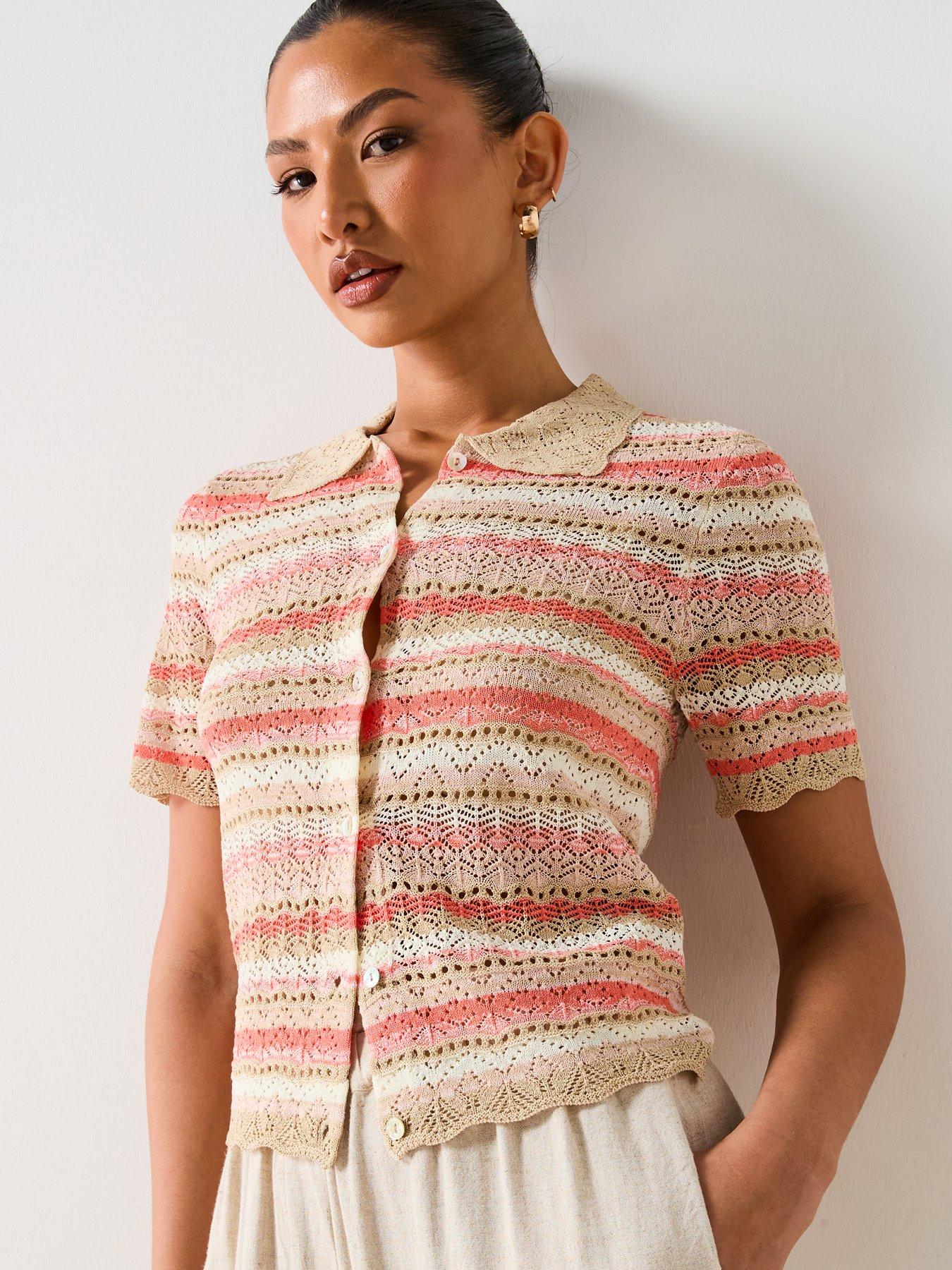  image of v-by-very-collared-pointelle-short-knitted-shirt-multi