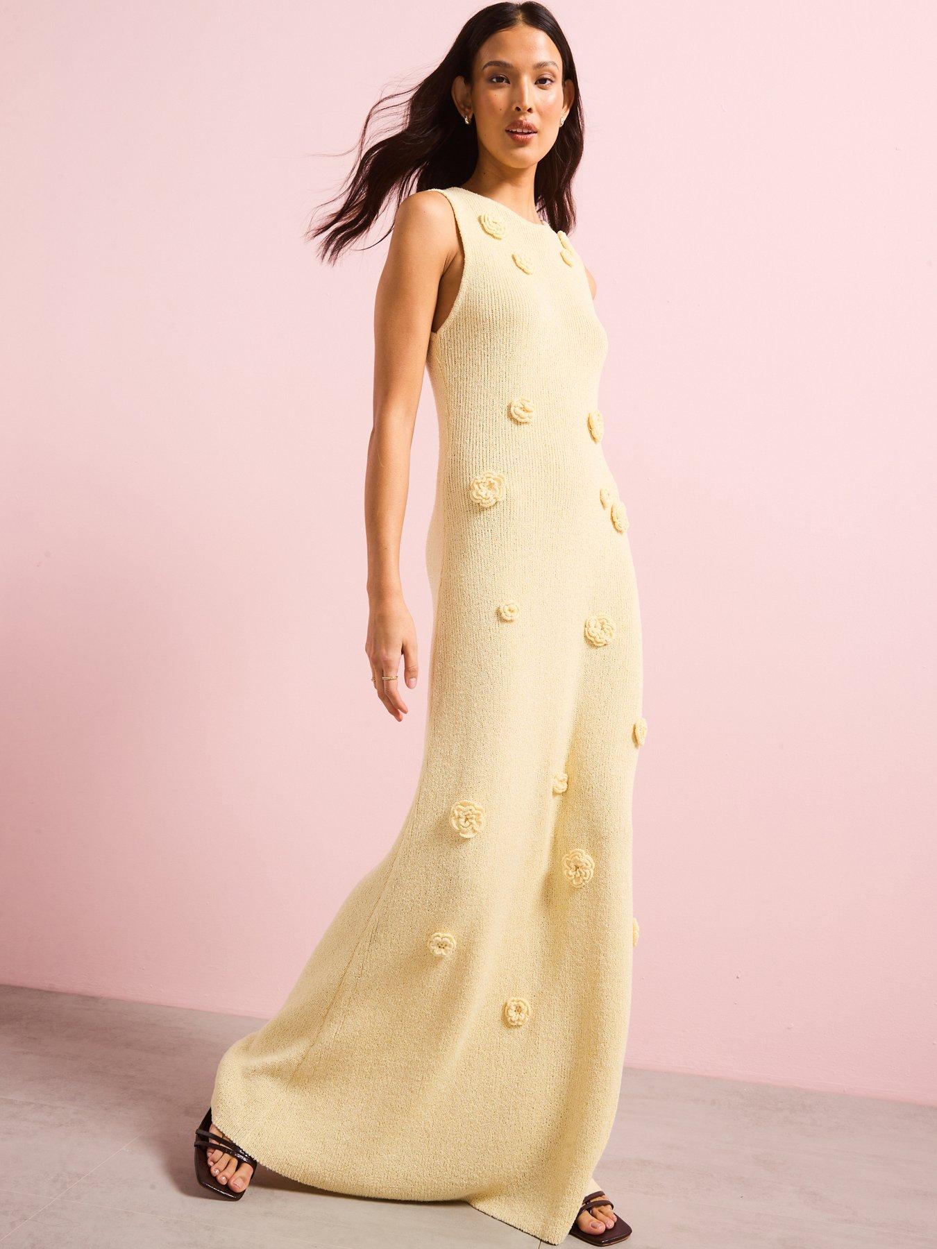 V by Very Racer Neck Flower Applique Knitted Maxi Dress Yellow