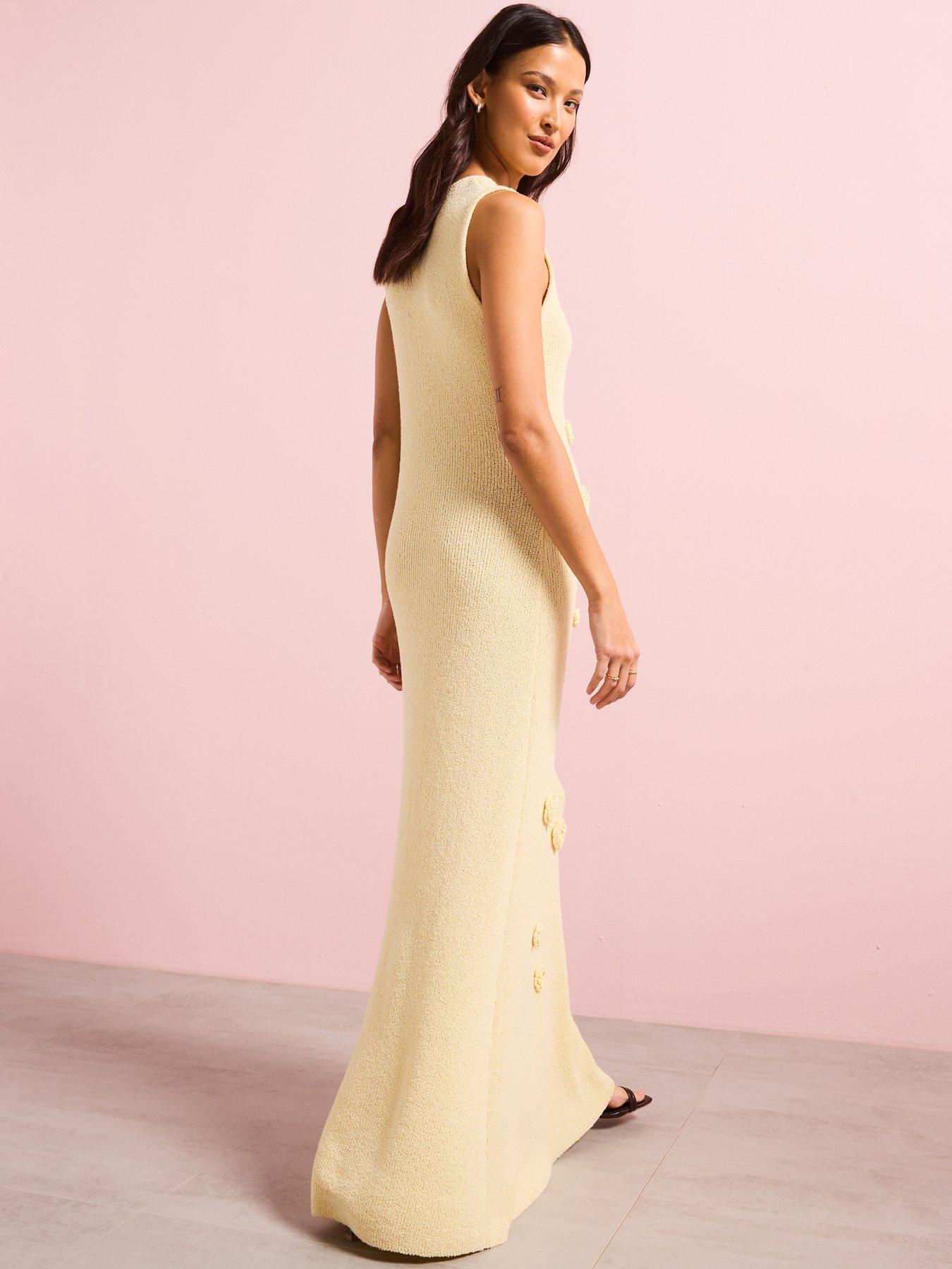  image of v-by-very-racer-neck-flower-applique-knitted-maxi-dress-yellow