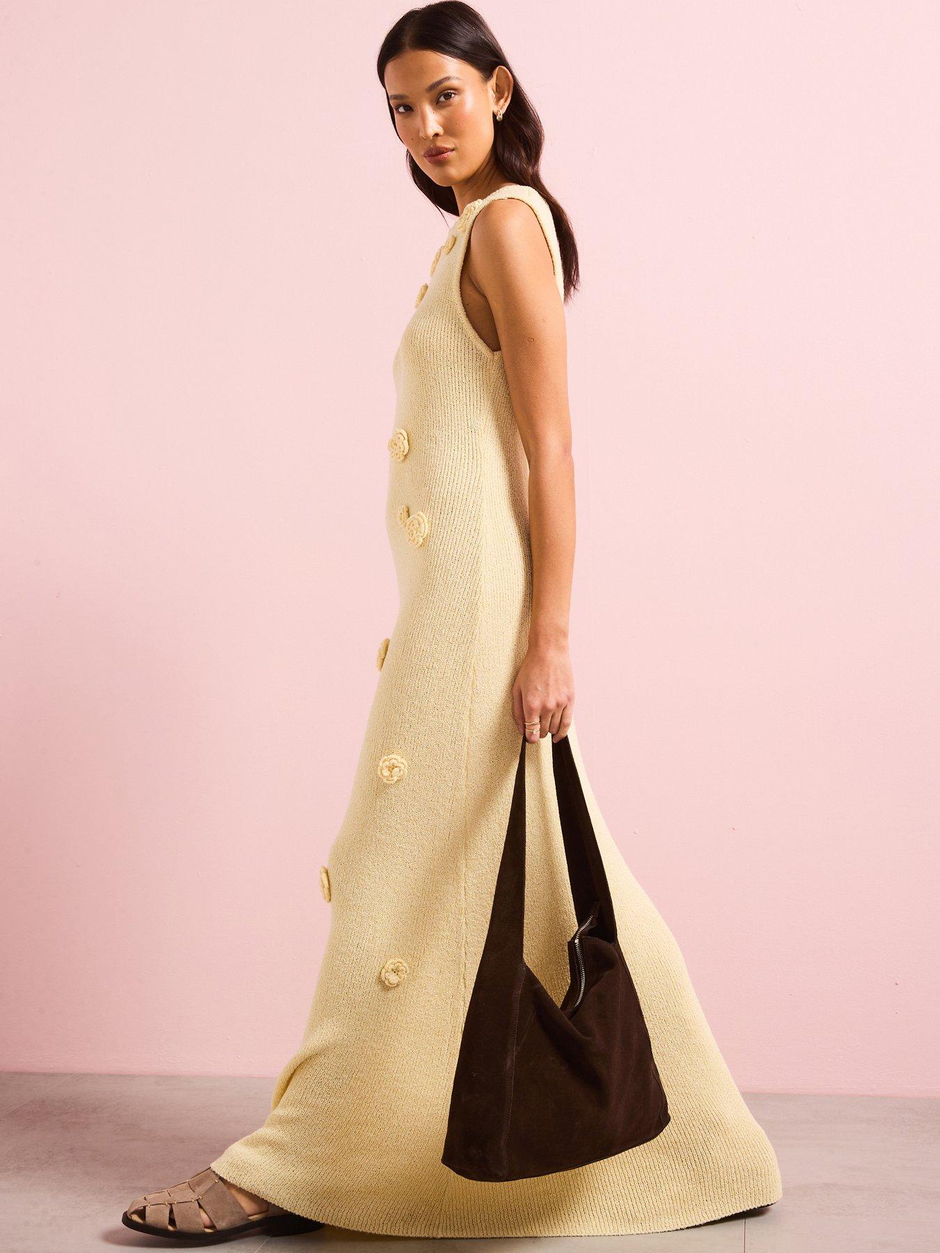  image of v-by-very-racer-neck-flower-applique-knitted-maxi-dress-yellow