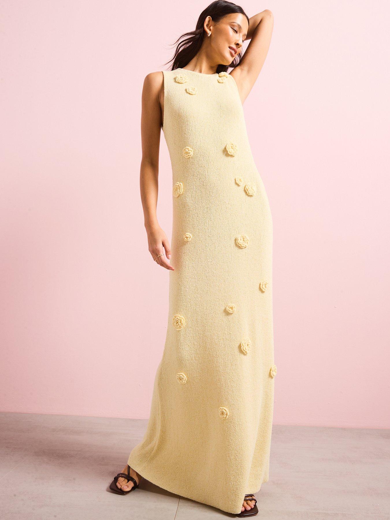  image of v-by-very-racer-neck-flower-applique-knitted-maxi-dress-yellow