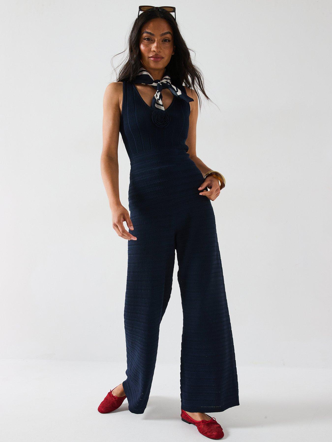 front image of v-by-very-wide-leg-kick-flare-knitted-trouser-co-ord-blue