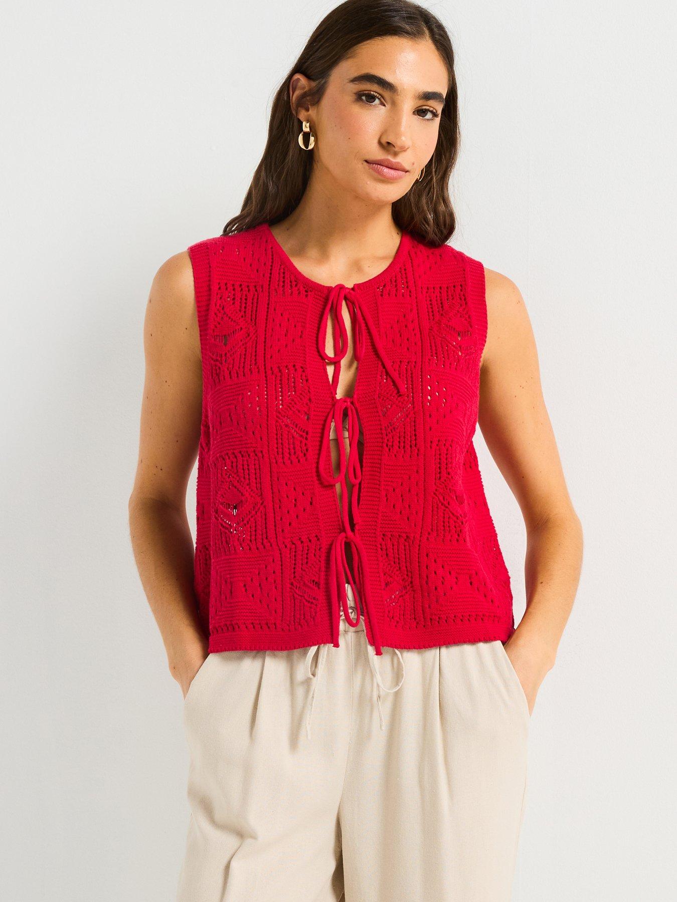 V by Very Cotton Rich Tie Front Textured Waistcoat - Red