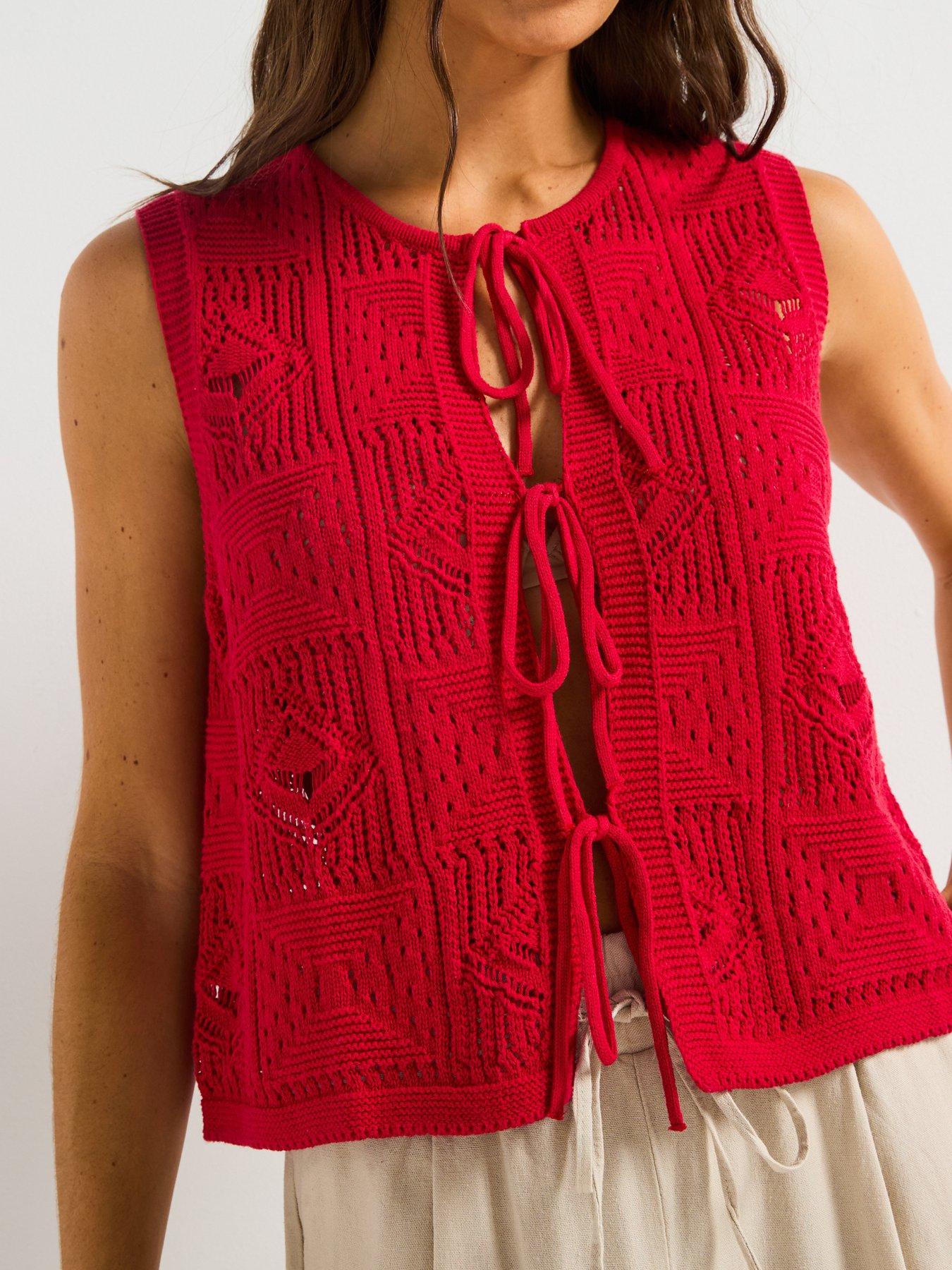  image of v-by-very-cotton-rich-tie-front-textured-waistcoat-red