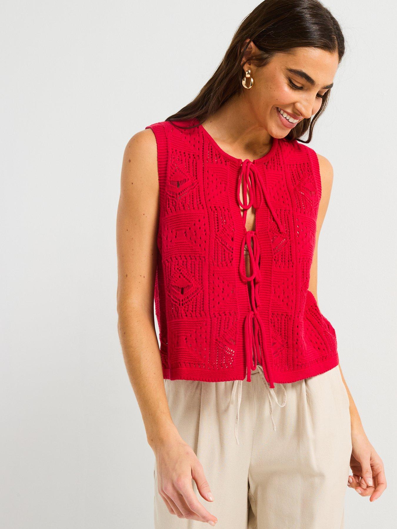  image of v-by-very-cotton-rich-tie-front-textured-waistcoat-red