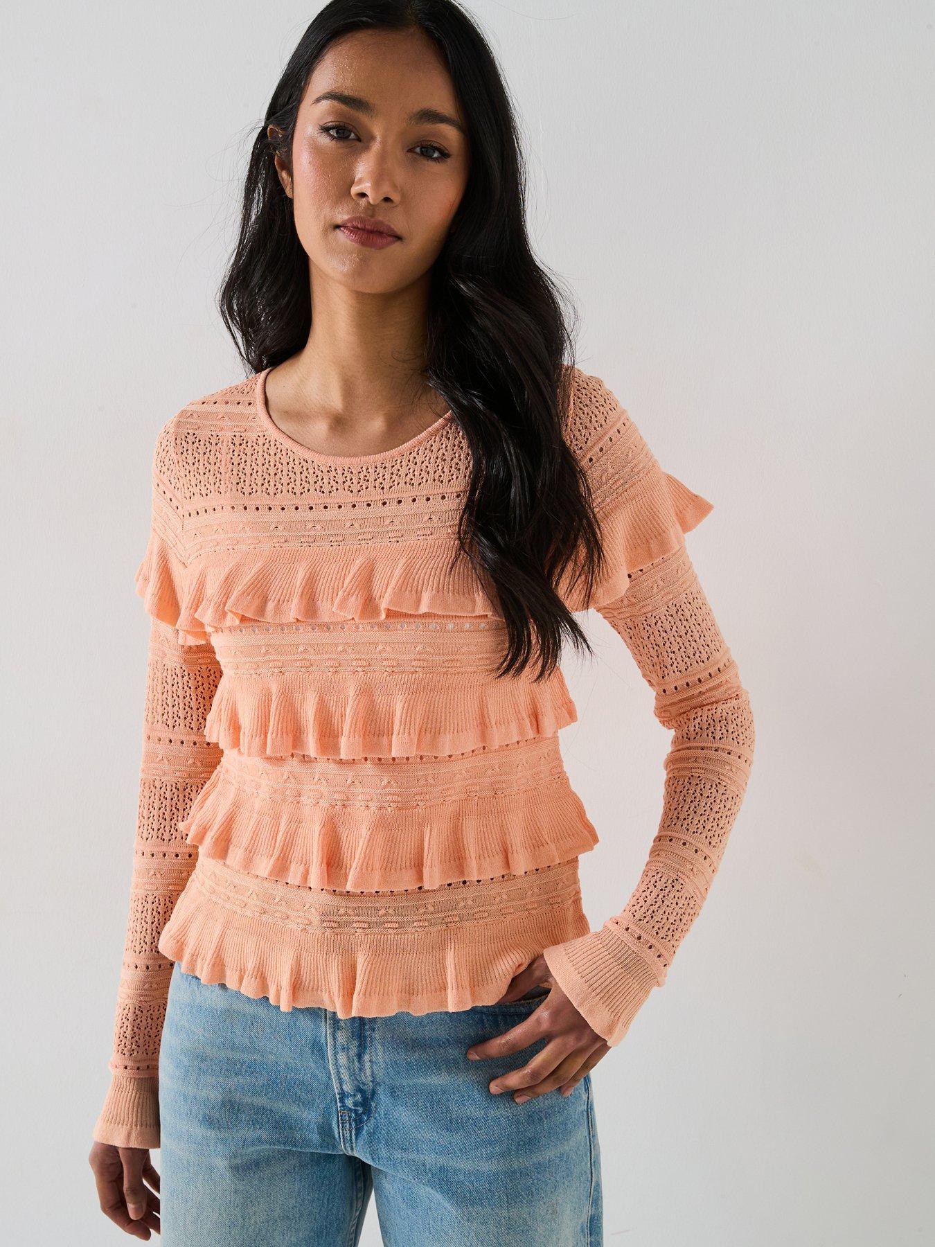 undefined Wide Neck Frill Detail Short Knitted Top - Peach