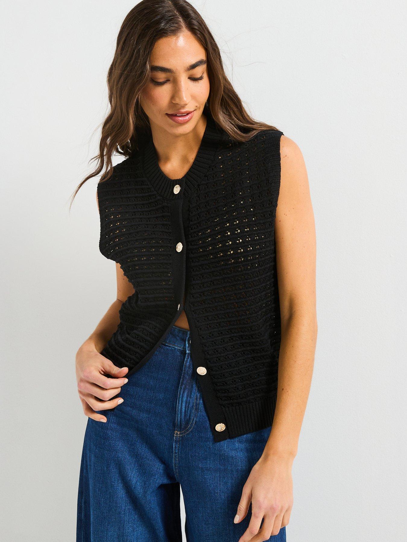  image of v-by-very-crew-neck-textured-knitted-tank-black