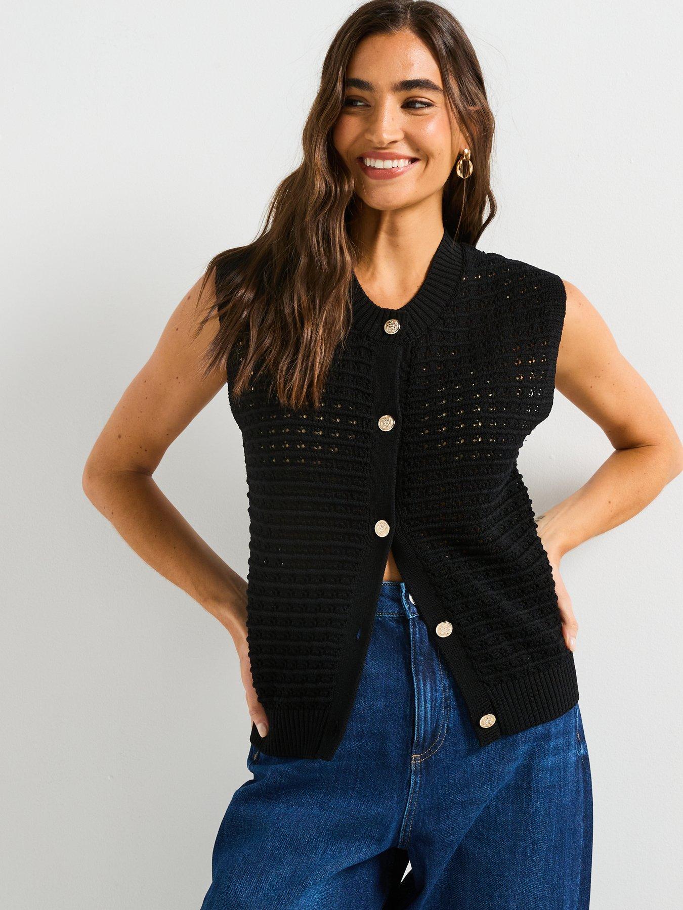  image of v-by-very-crew-neck-textured-knitted-tank-black