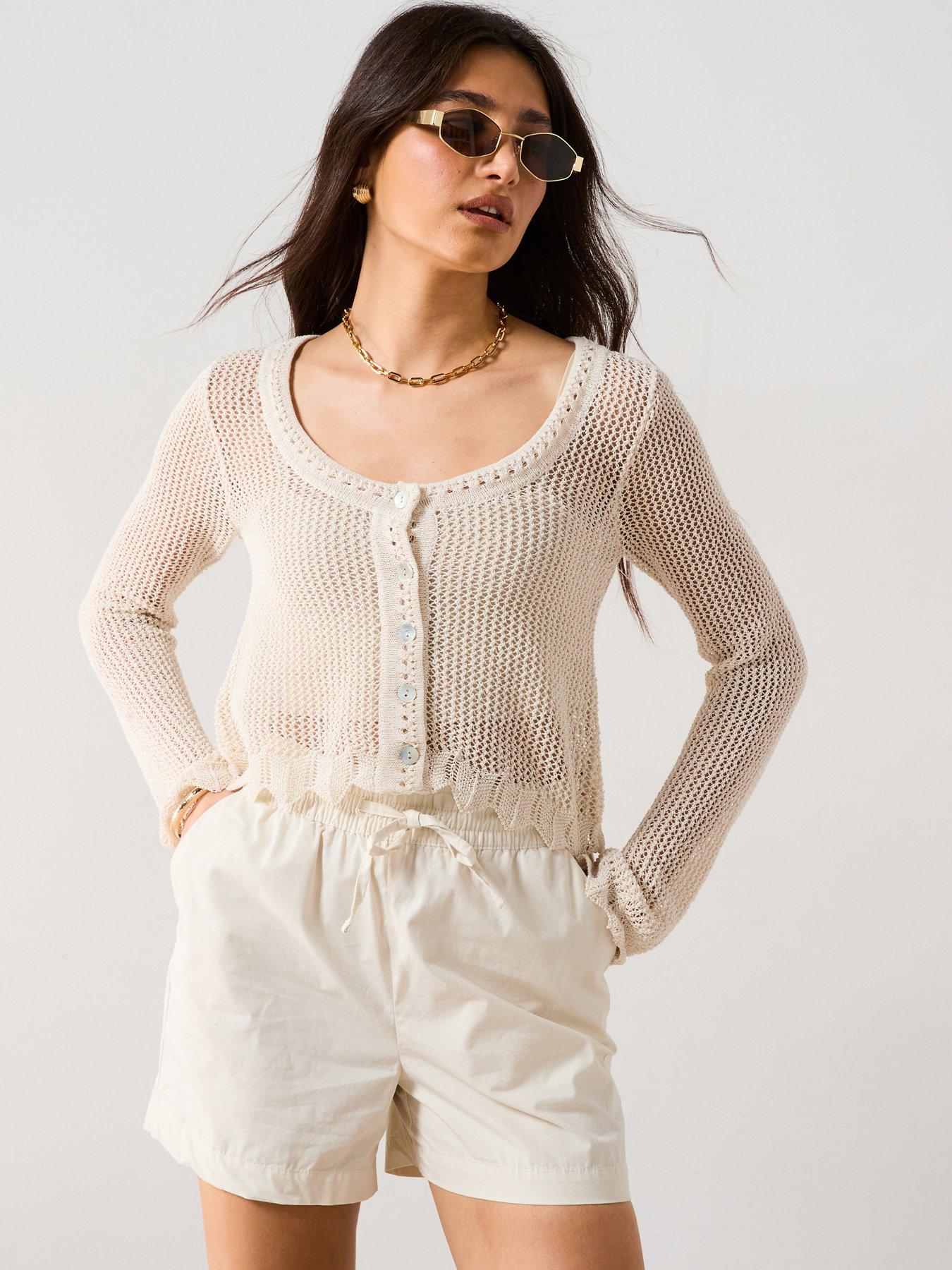  image of v-by-very-cotton-rich-crochet-cropped-cardigan-cream