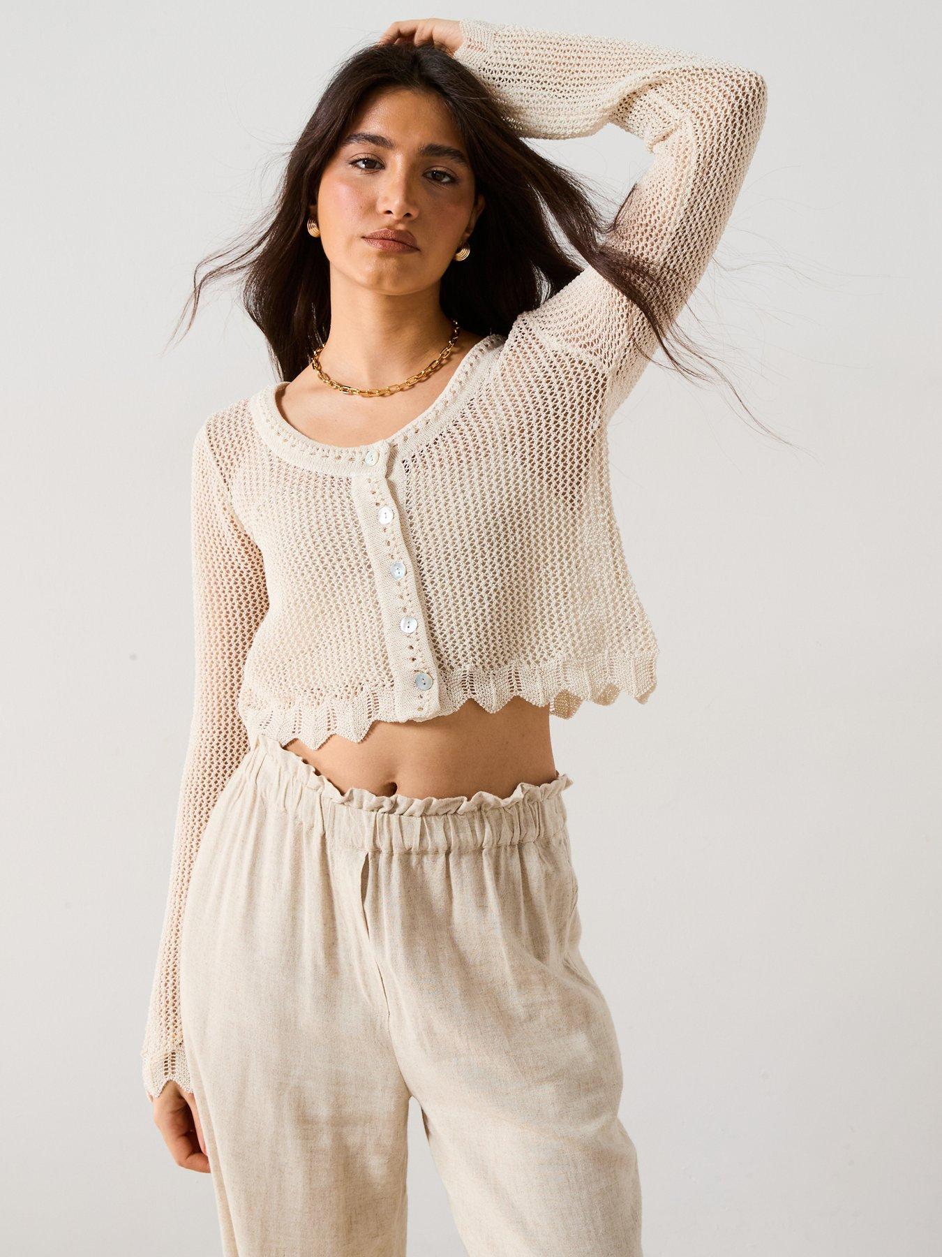  image of v-by-very-cotton-rich-crochet-cropped-cardigan-cream