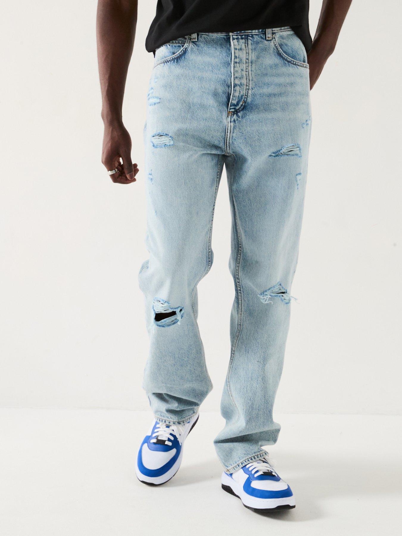  image of hugo-nate-ripped-baggy-fit-jeans-blue