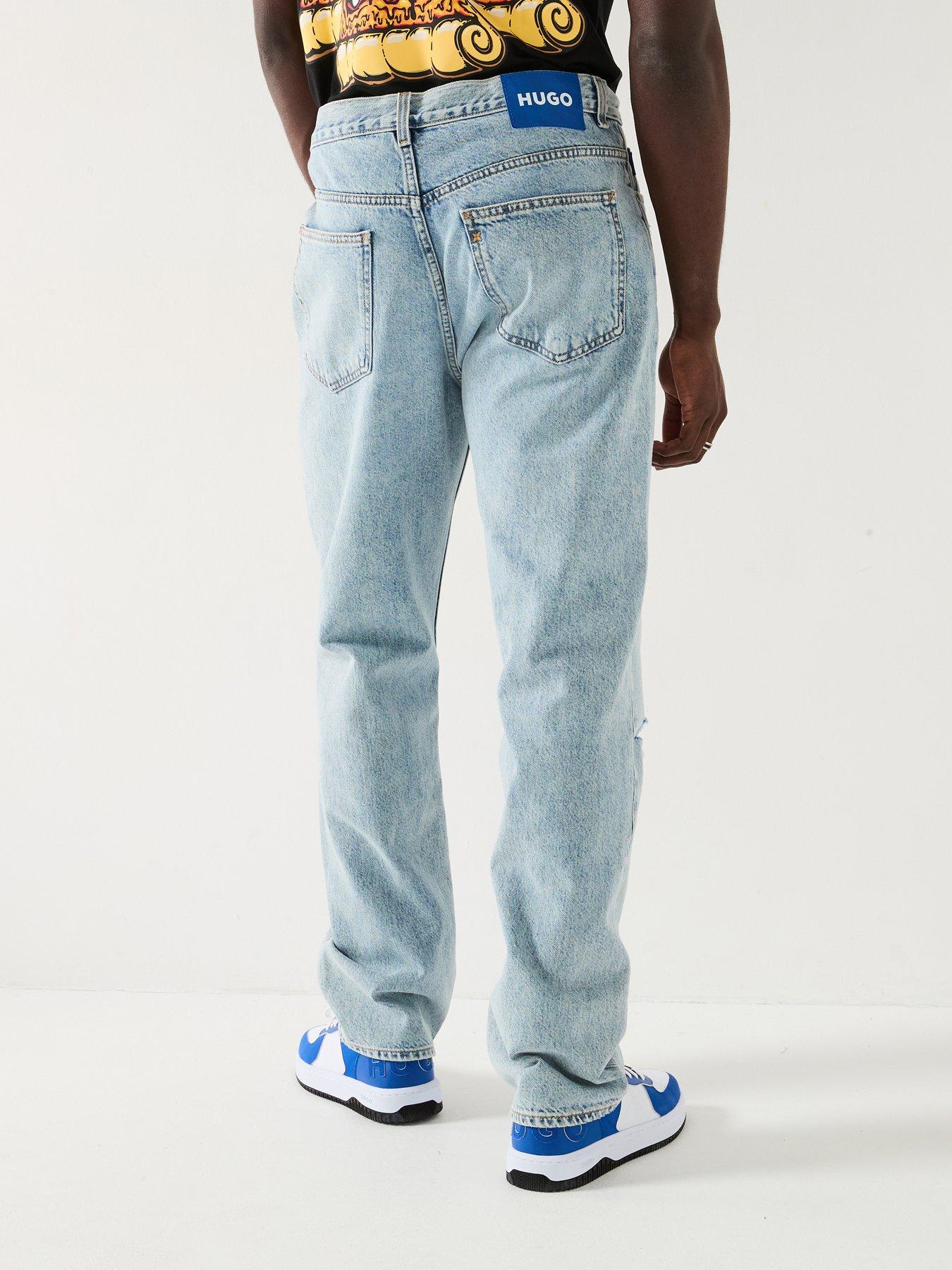  image of hugo-nate-ripped-baggy-fit-jeans-blue