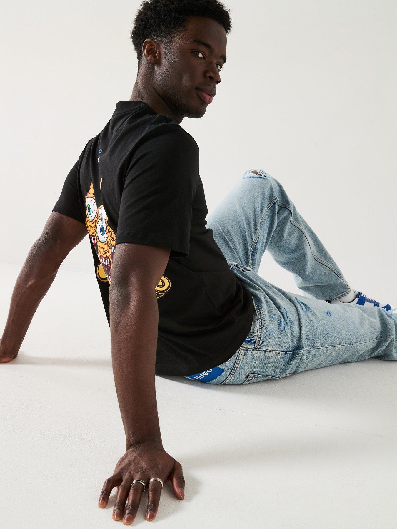  image of hugo-nate-ripped-baggy-fit-jeans-blue