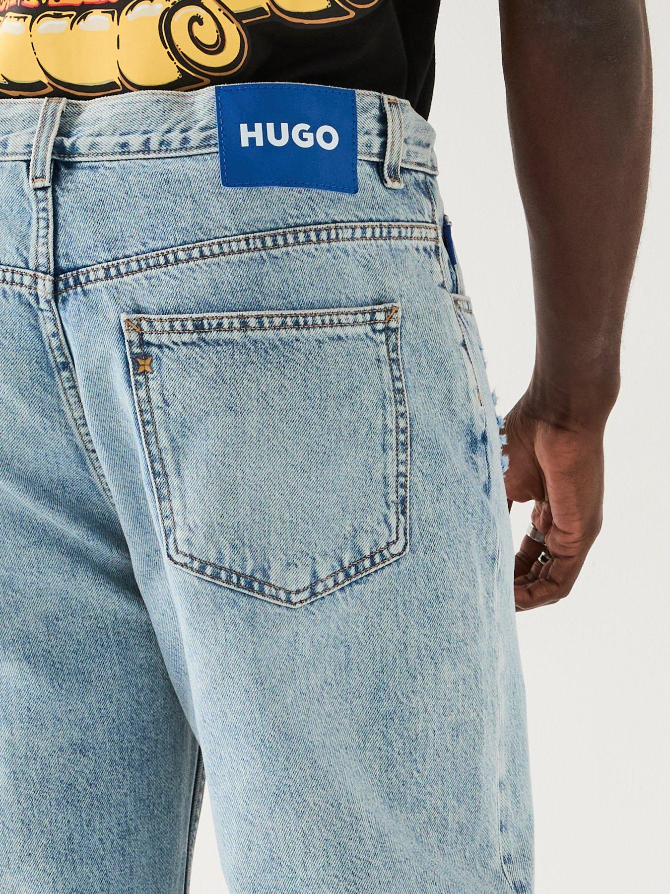  image of hugo-nate-ripped-baggy-fit-jeans-blue