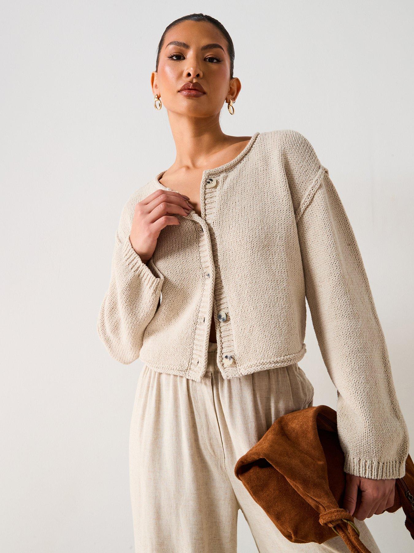 image of v-by-very-cotton-rich-rolled-edge-short-cardigan-beige
