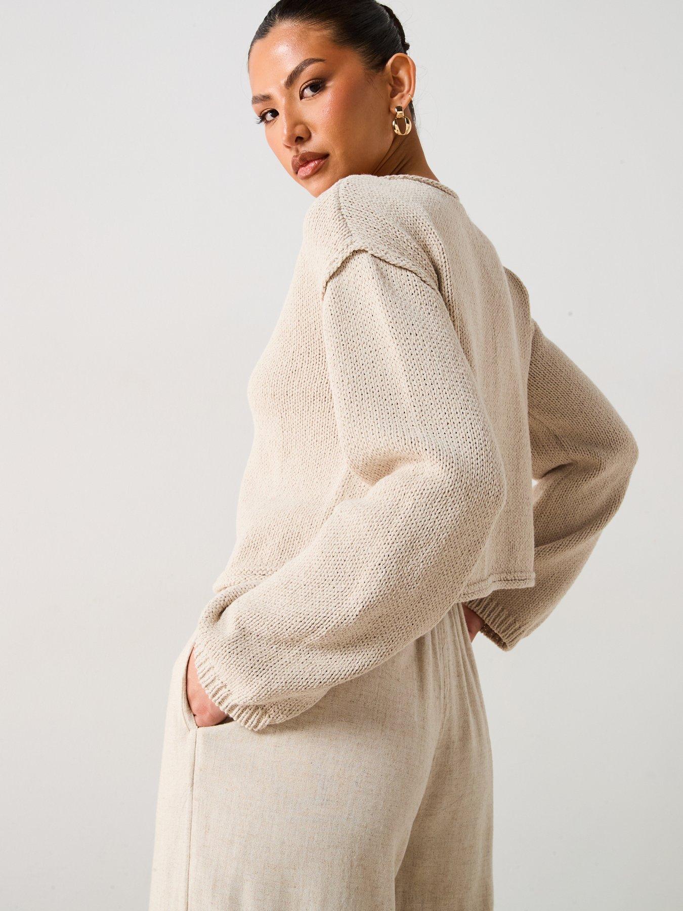  image of v-by-very-cotton-rich-rolled-edge-short-cardigan-beige