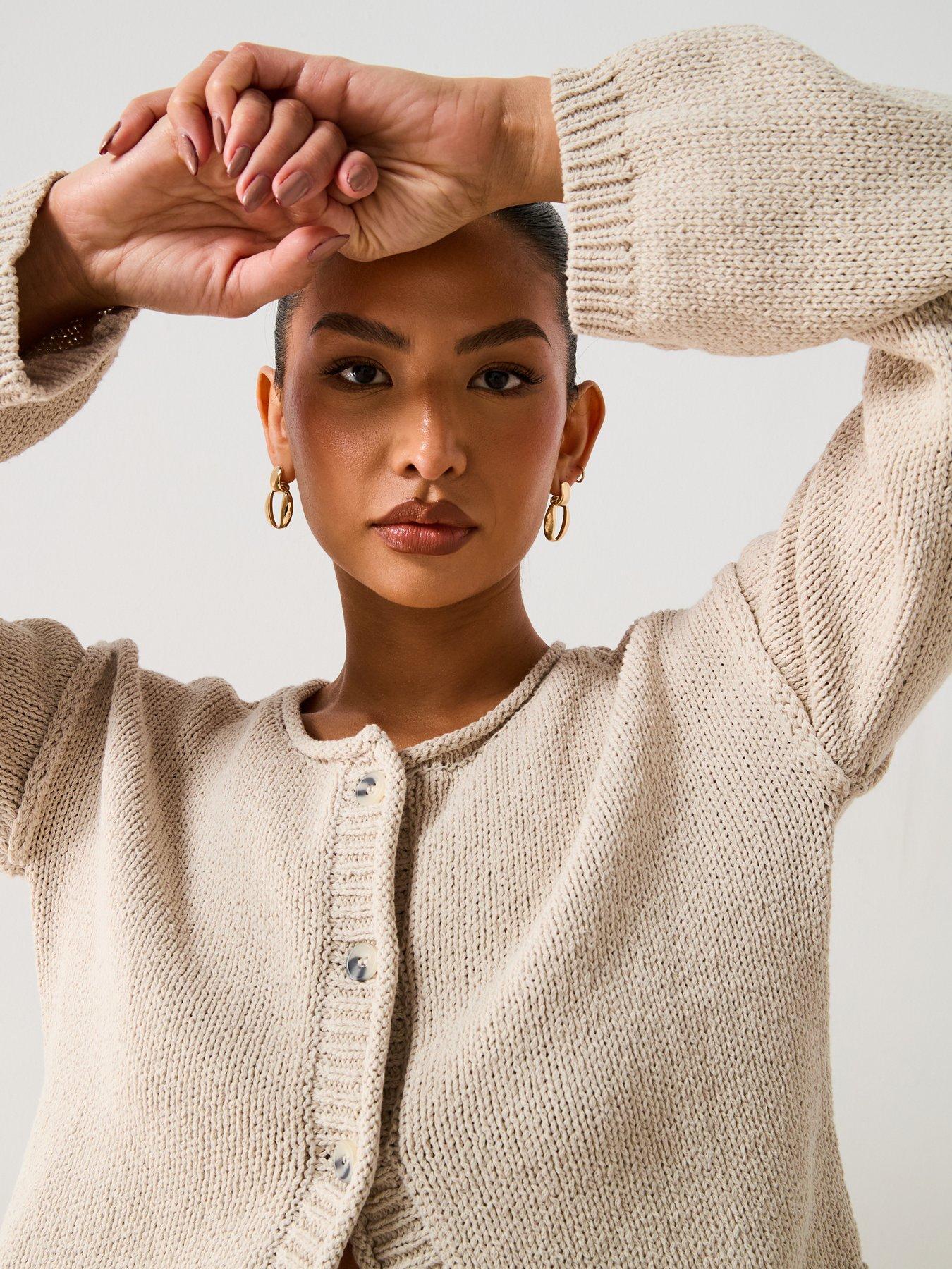  image of v-by-very-cotton-rich-rolled-edge-short-cardigan-beige