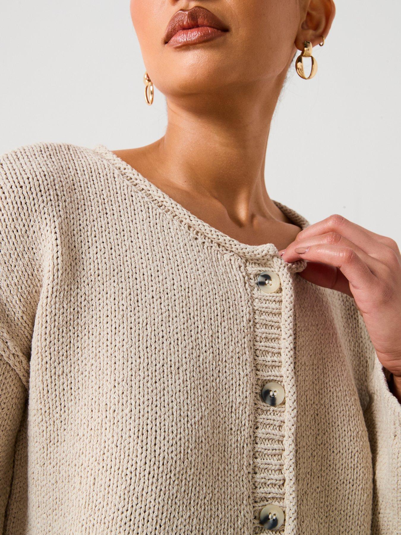  image of v-by-very-cotton-rich-rolled-edge-short-cardigan-beige
