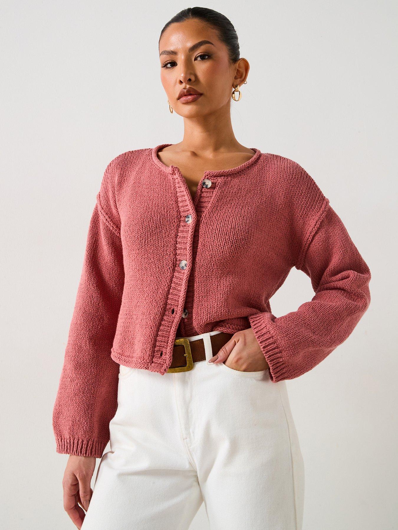  image of v-by-very-cotton-rich-rolled-edge-short-cardigan-pink