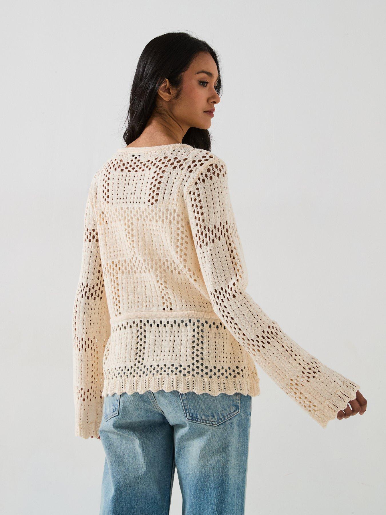 image of v-by-very-cotton-rich-crochet-knitted-top-cream