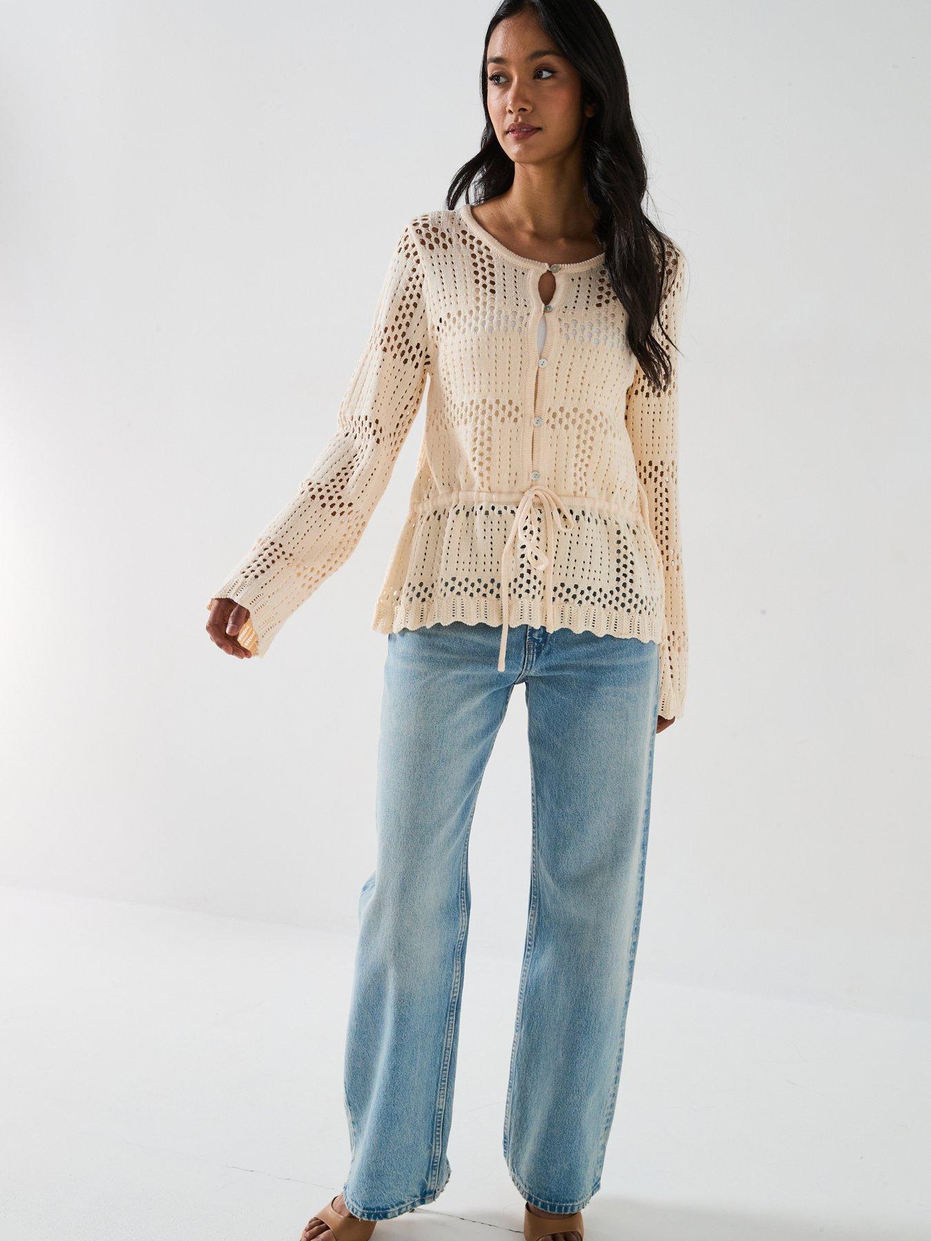  image of v-by-very-cotton-rich-crochet-knitted-top-cream