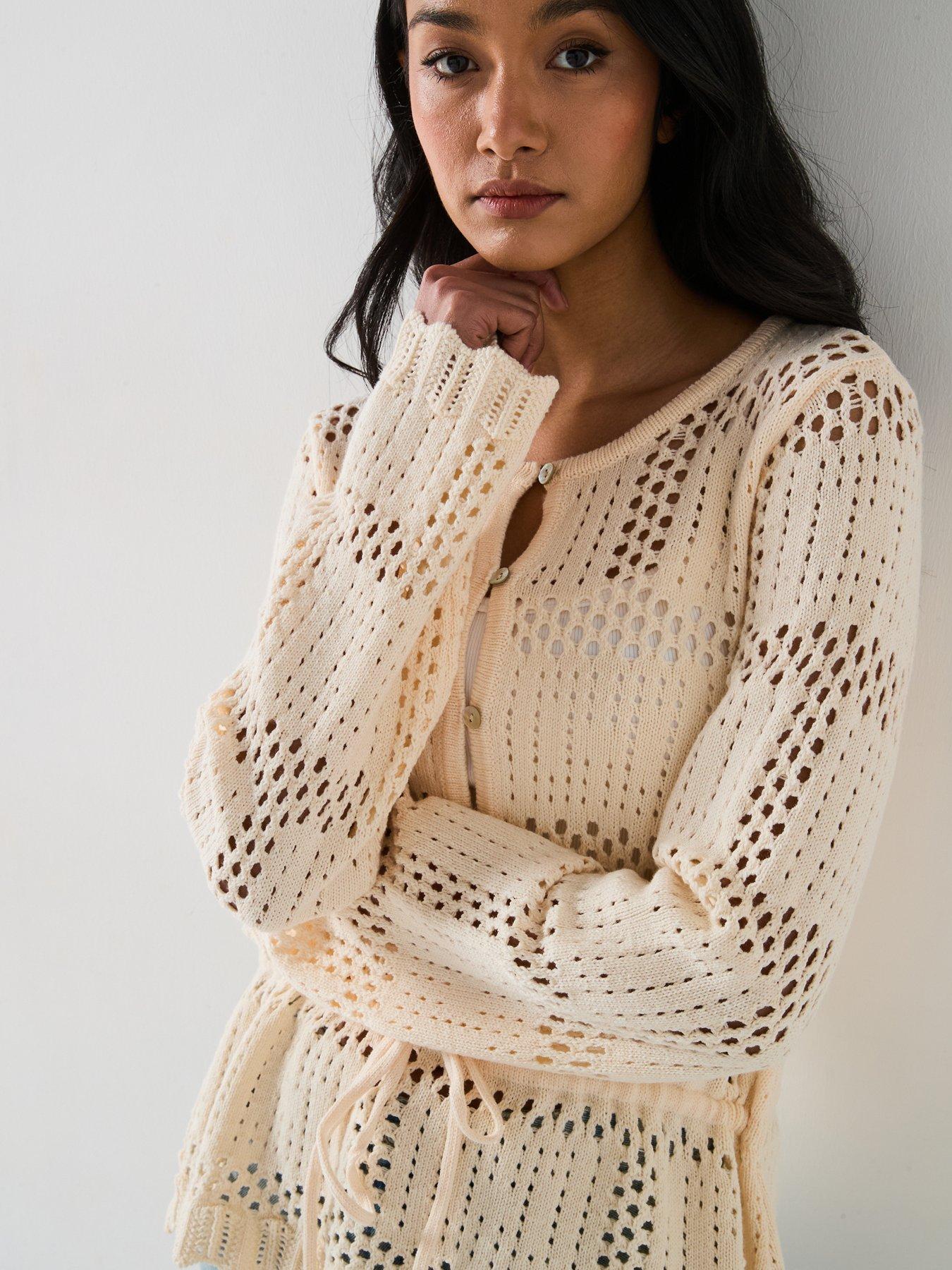  image of v-by-very-cotton-rich-crochet-knitted-top-cream