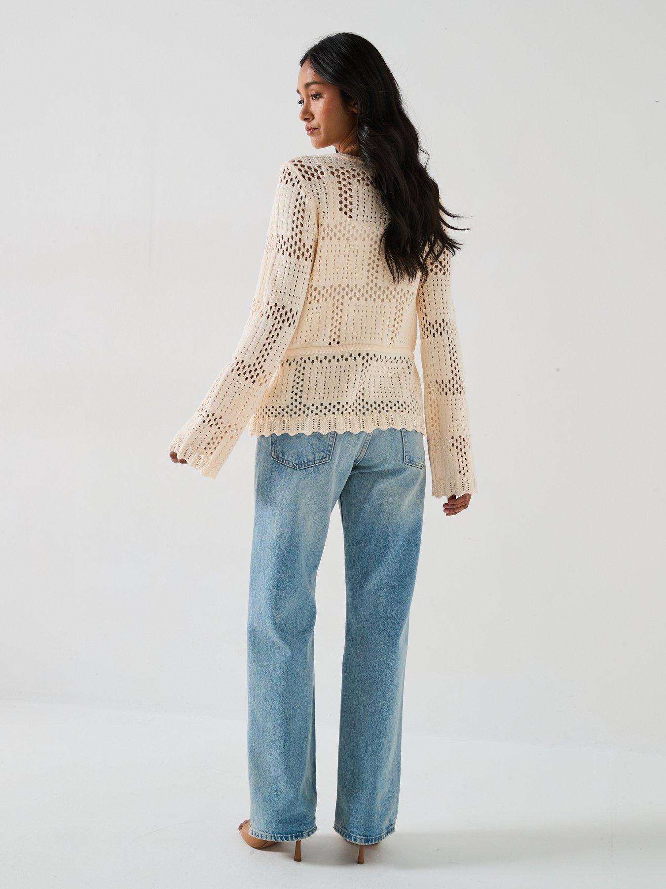  image of v-by-very-cotton-rich-crochet-knitted-top-cream