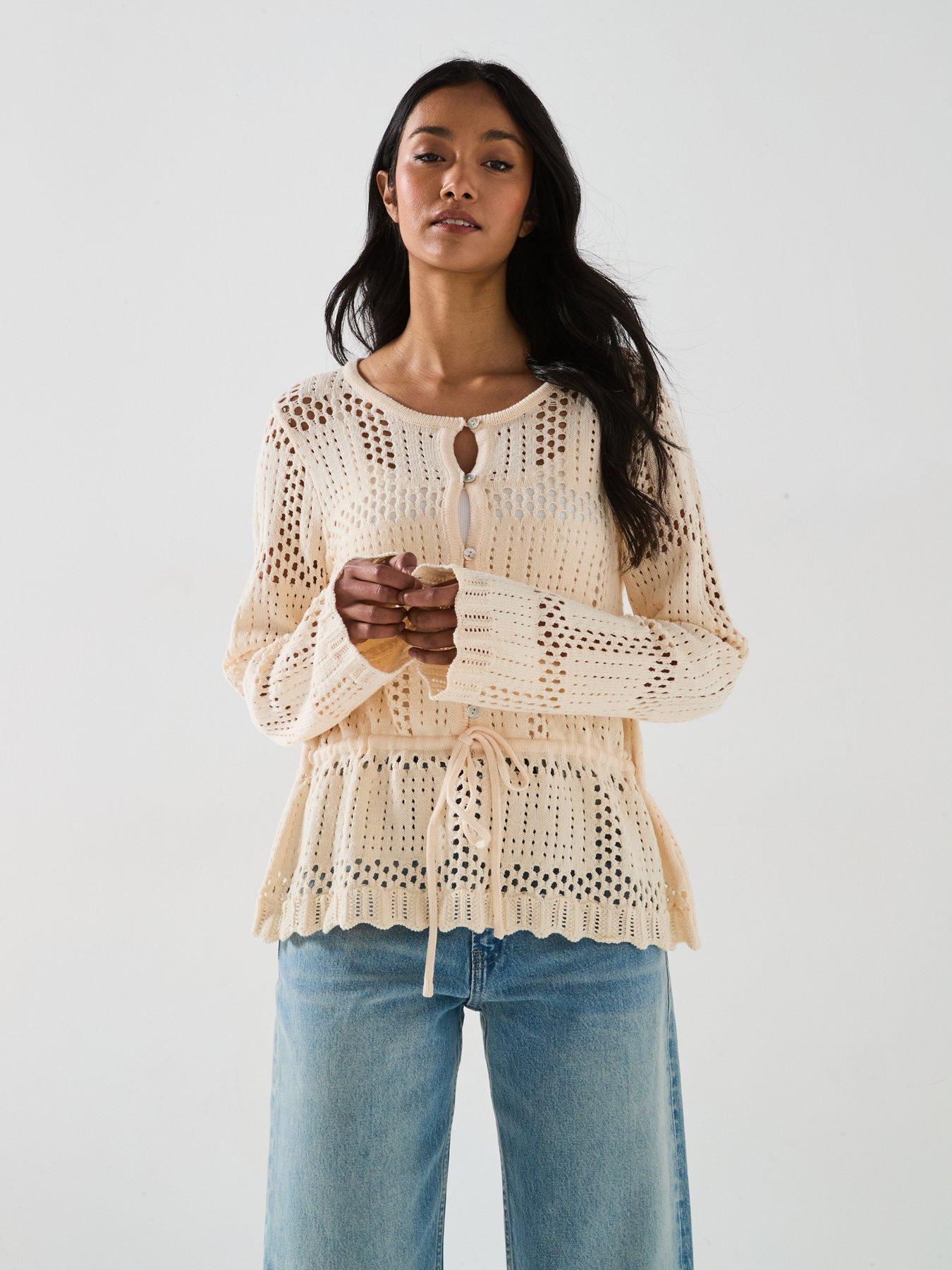  image of v-by-very-cotton-rich-crochet-knitted-top-cream