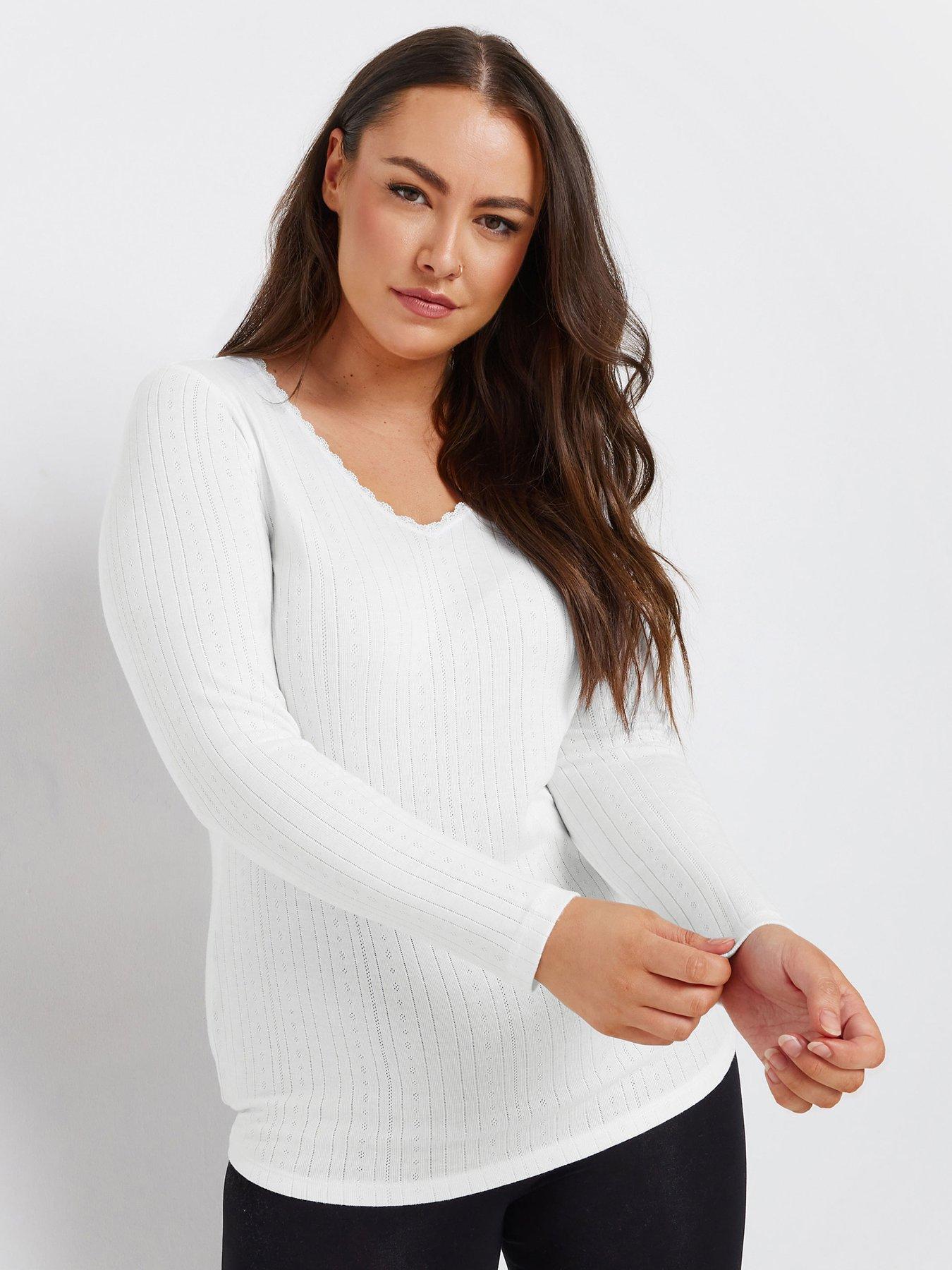 undefined Curve Pointelle Thermal Long Sleeve Top - White