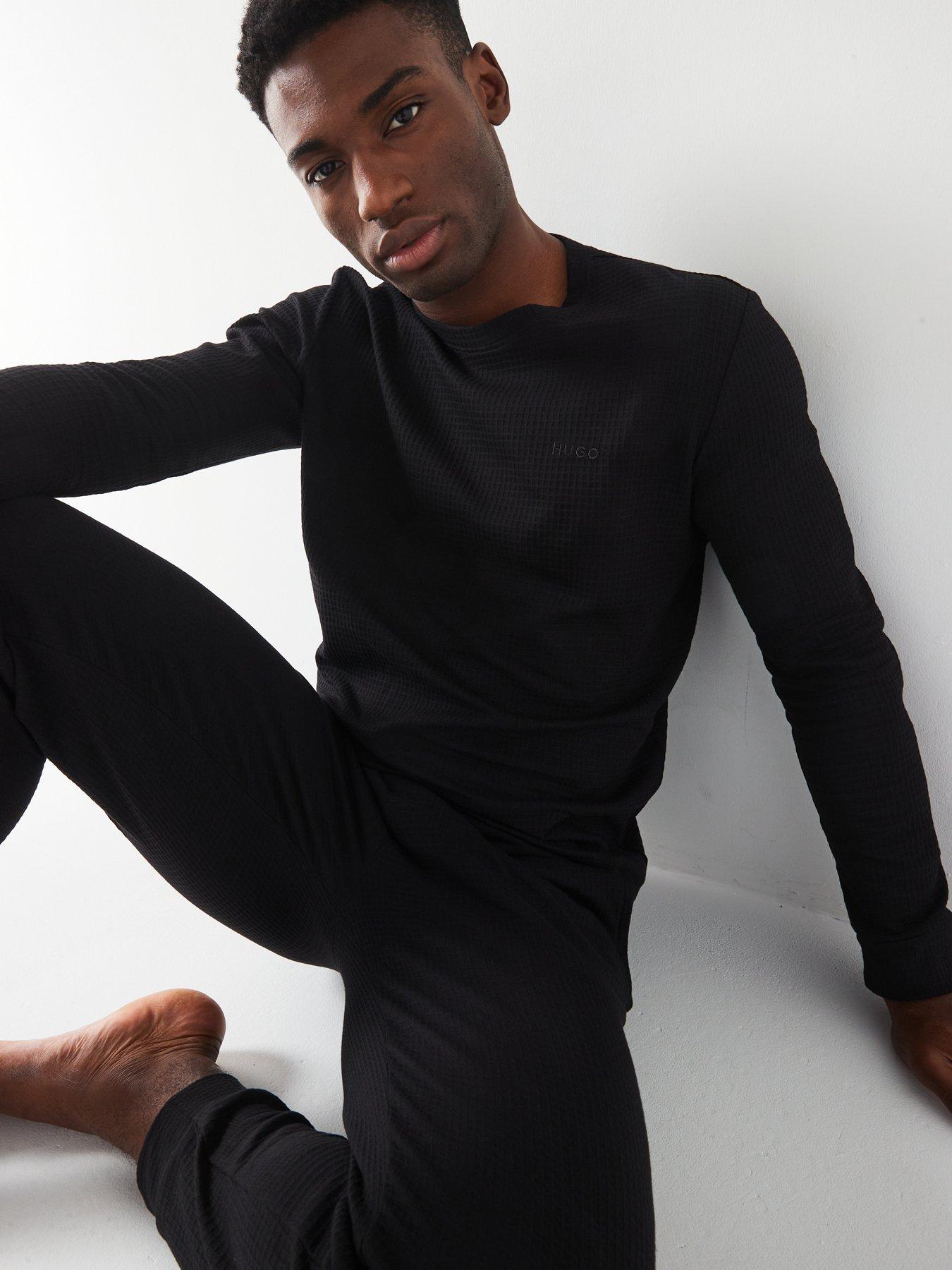 HUGO Austin Regular Fit Waffle Long Sleeve Loungewear T-Shirt - Black ...