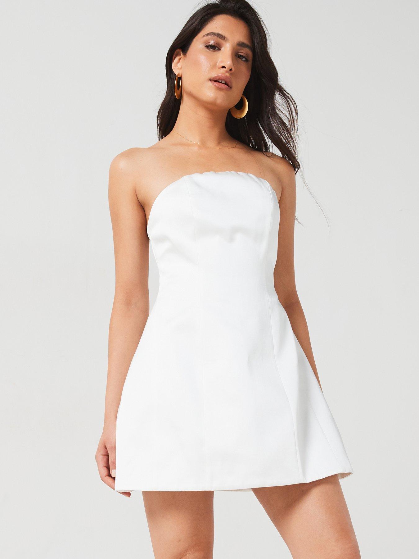 Six Stories Bandeau Satin A Line Mini Dress - White