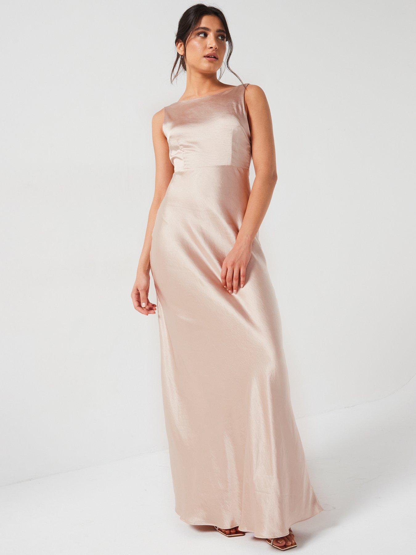 undefined Cowl Back Satin Bridesmaid Dress - Oyster