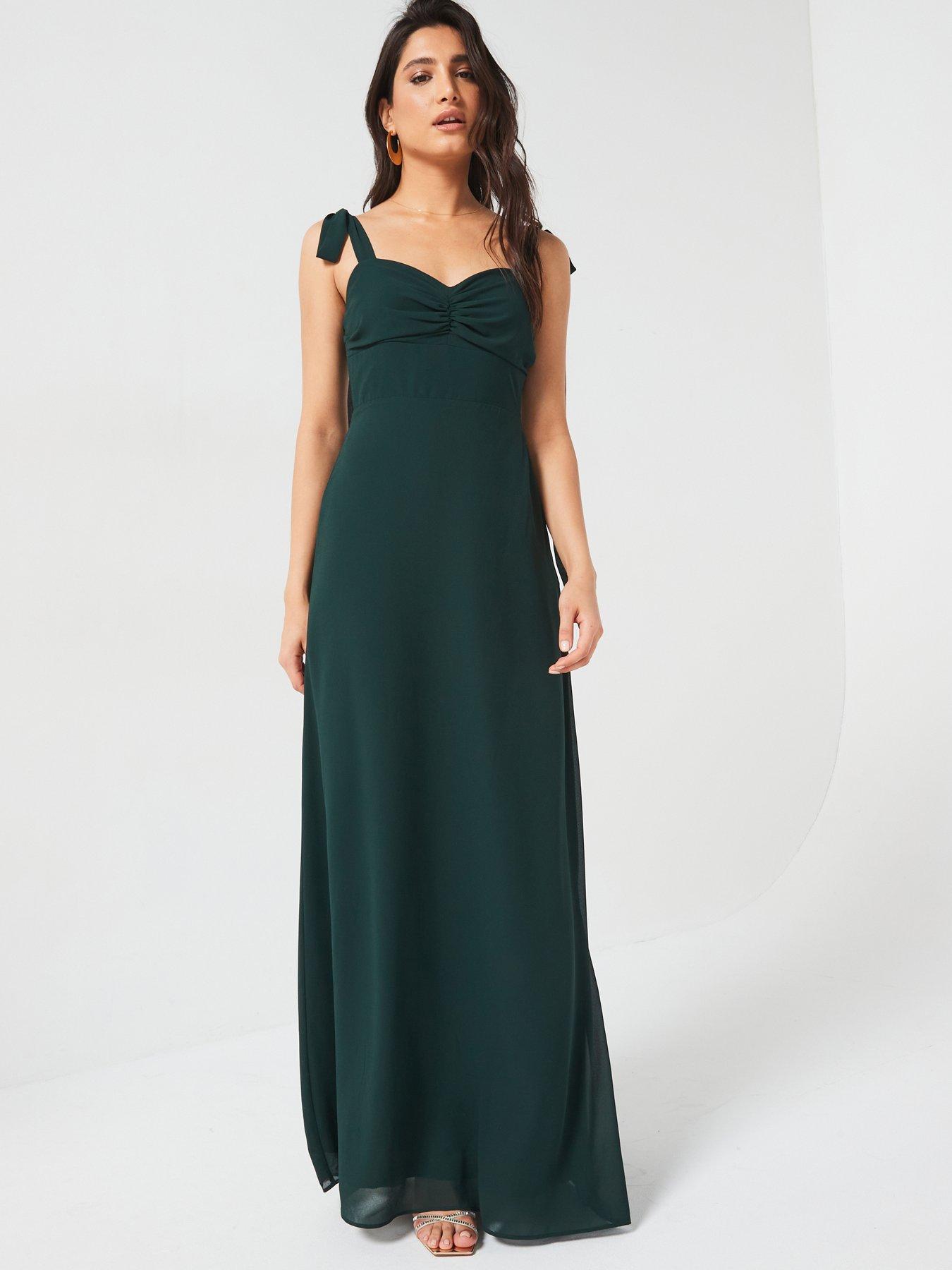 undefined Bow Tie Shoulder Chiffon Bridesmaid Dress - Emerald - Green