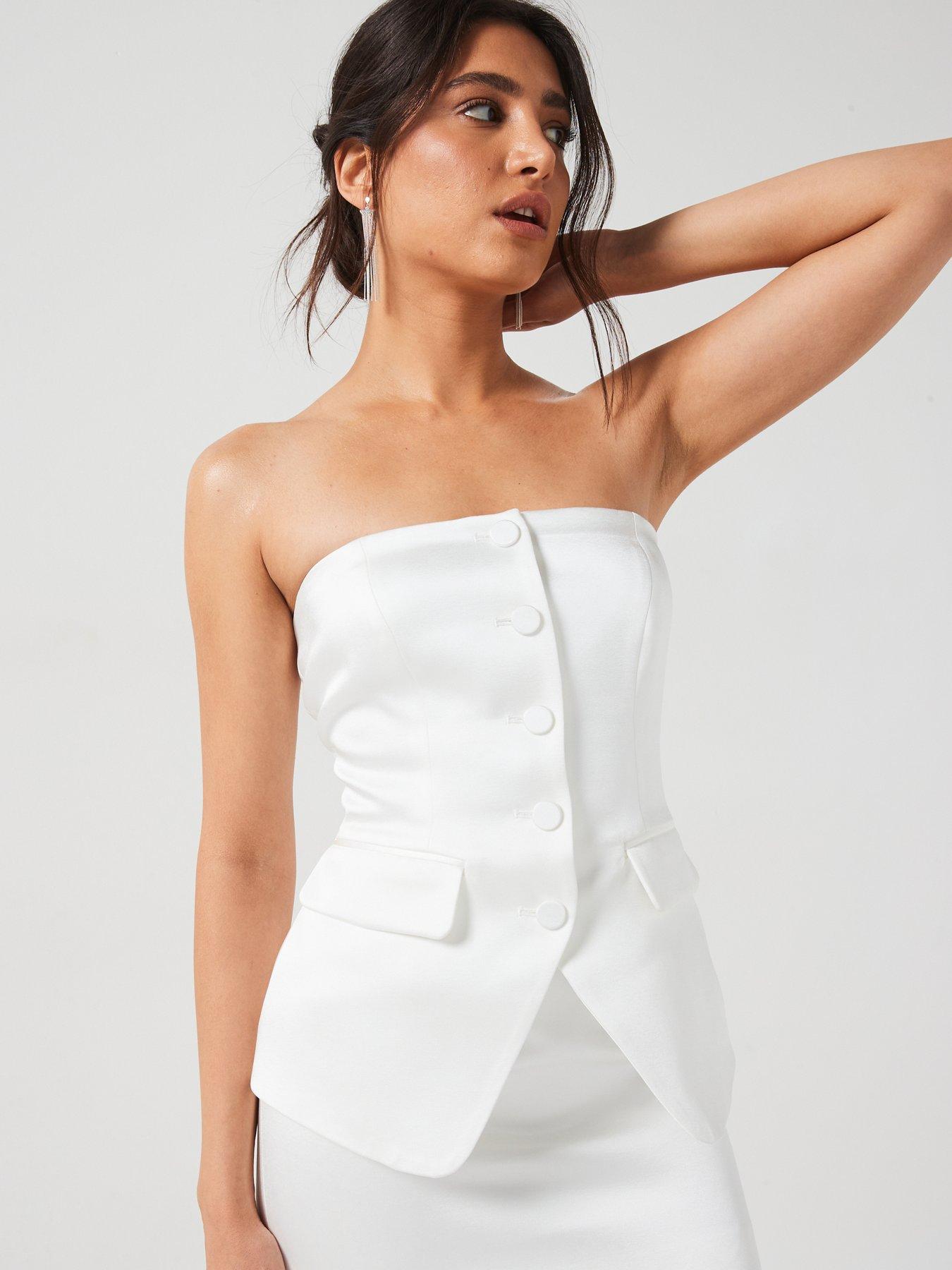 undefined Button Down Satin Tailored Top - White