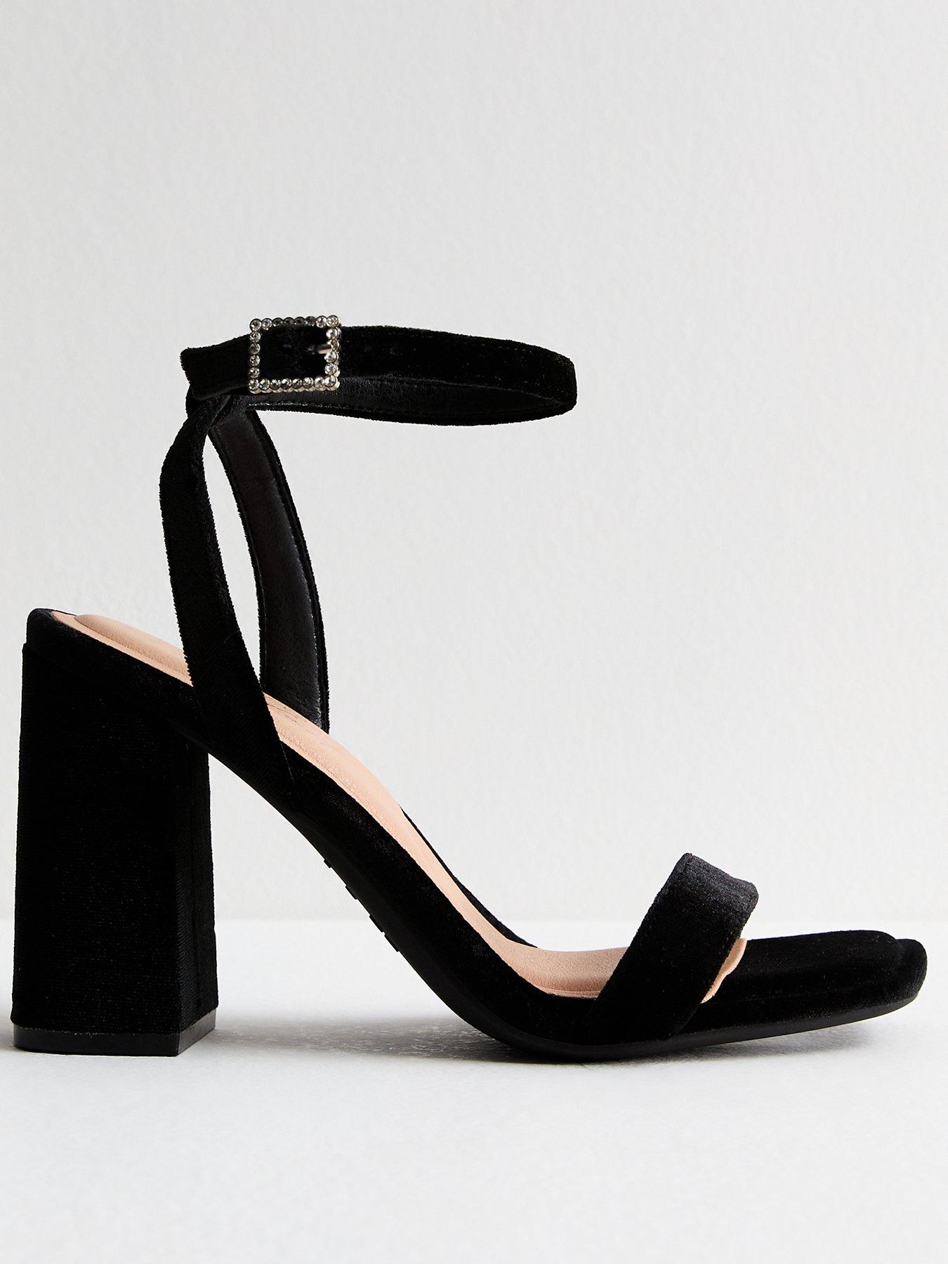 undefined Wide Fit Velvet Diamanté Buckled Heeled Sandals - Black