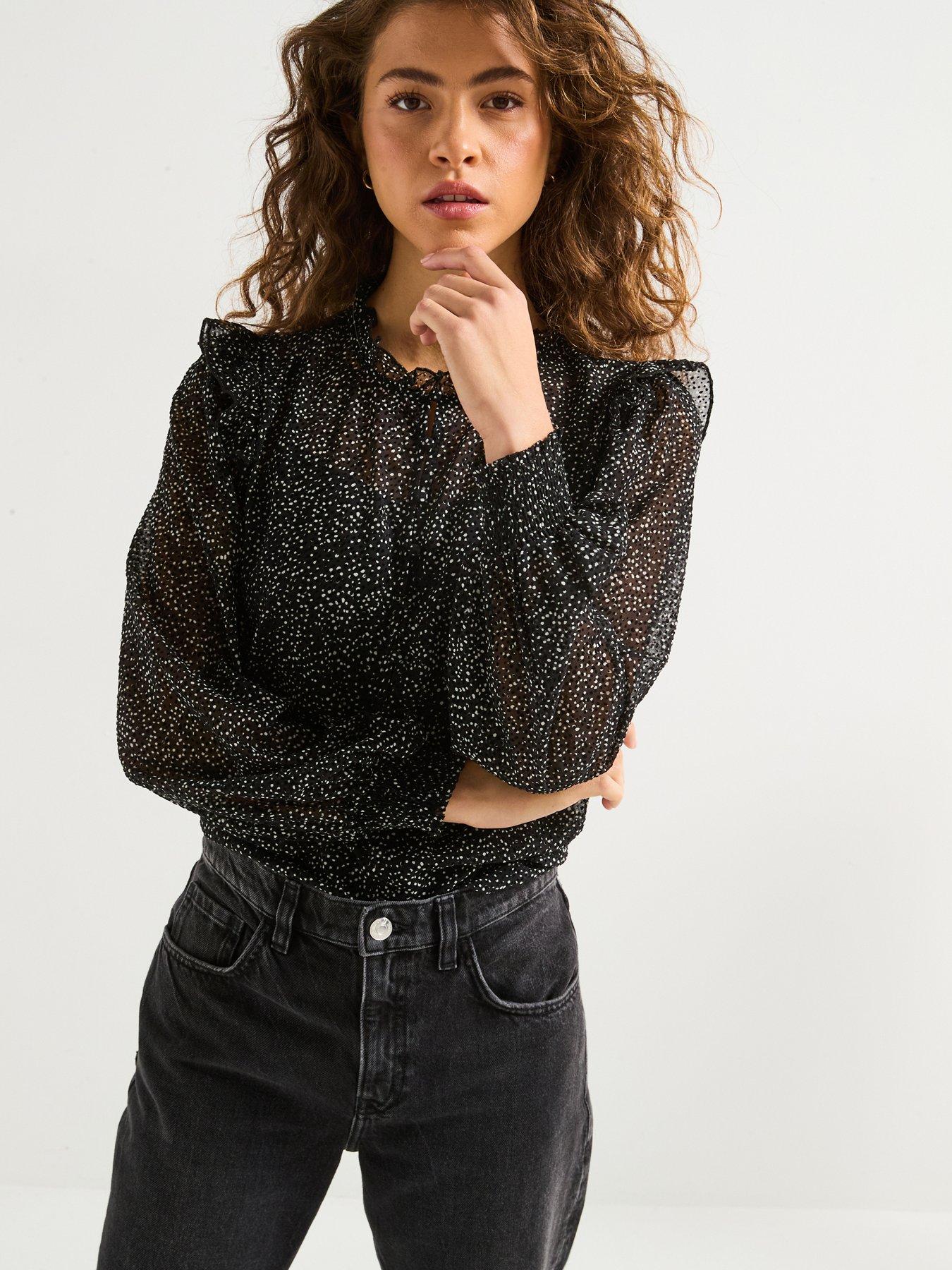 undefined Frill Detail Dot Top - Black - Multi